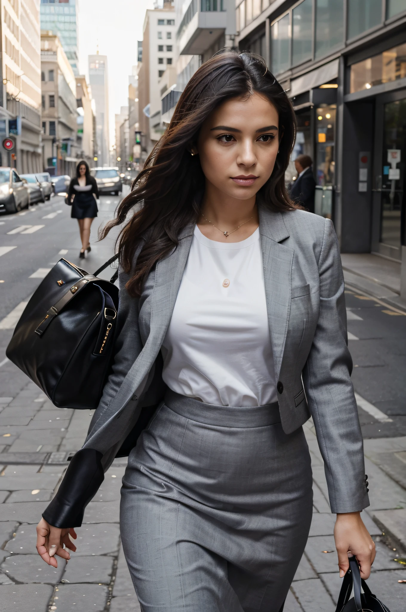 Jovem garota advogada impecavelmente vestida, with a well-fitting formal attire that displays professionalism and elegance. She's on the move, Maybe caught in a moment where you're crossing the street in a busy city, with office buildings in the background. His gaze is focused and determined, reflecting the seriousness of your workday that is about to begin. Ela pode estar carregando uma pasta de couro ou uma bolsa de designer, Accessories that complement your look and status. The scene should be illuminated by a soft light early in the morning, com a cidade acordando ao fundo. The image should capture the dynamism and determination of the lawyer, highlighting her as a figure of success and dedication in her urban and professional environment.