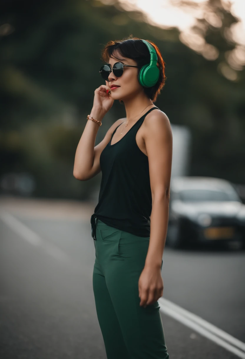 An ultra-high picture quality,I'm wearing a red tank top,Green Headphones,red sun glasses,Gray pants,
Black sneakers,so short hair,Slightly to the right,Very pretty girl,独奏,