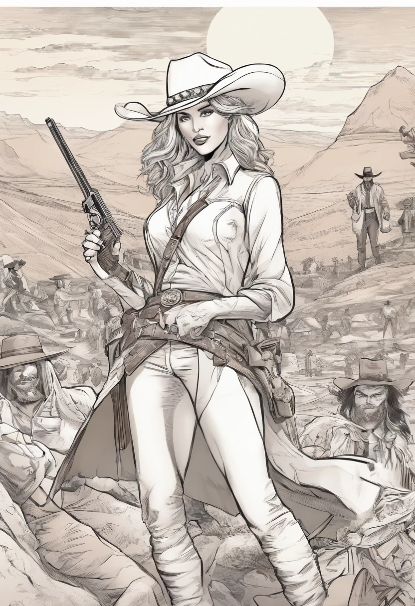 One girl, Ariana Grande, cowboy_hat, dark_skin, western, NSFW, desert, holding a revolver, cowboy_outfit, open shirt, sweating, dirty,