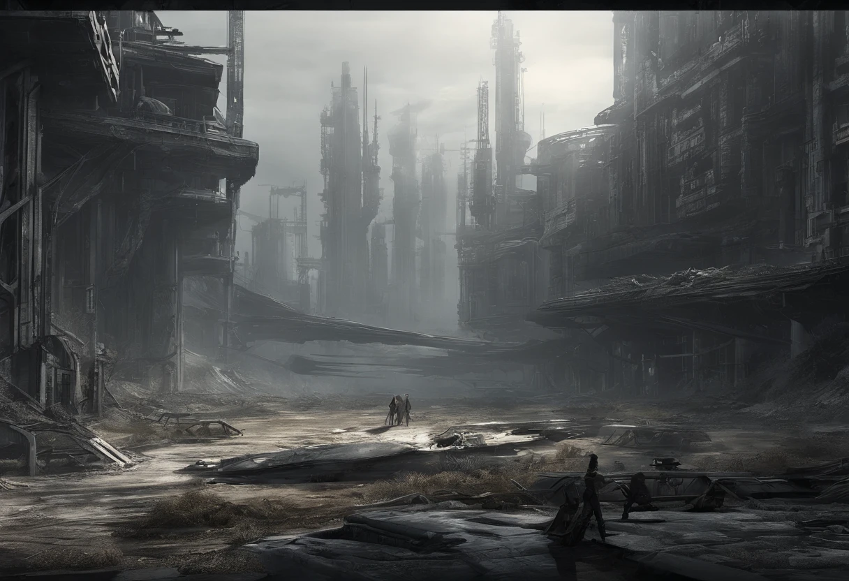 Post-apocalyptic wars, Shades of white, Nero, amarelo, survivor, vegetation, shadowing, Gloomy atmosphere, darkly, ((natta)), The breadth of the landscape,sense of science and technology,Futuristic
