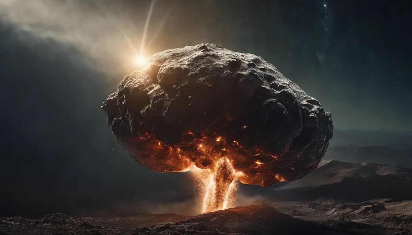 A huge meteor hitting the earth head-on, seen from space, grandiose and frightening.