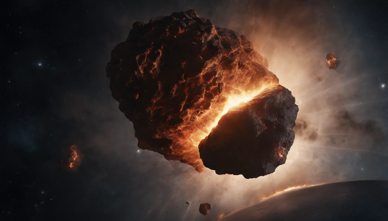 A huge meteor hitting the earth head-on, seen from space, grandiose and frightening.
