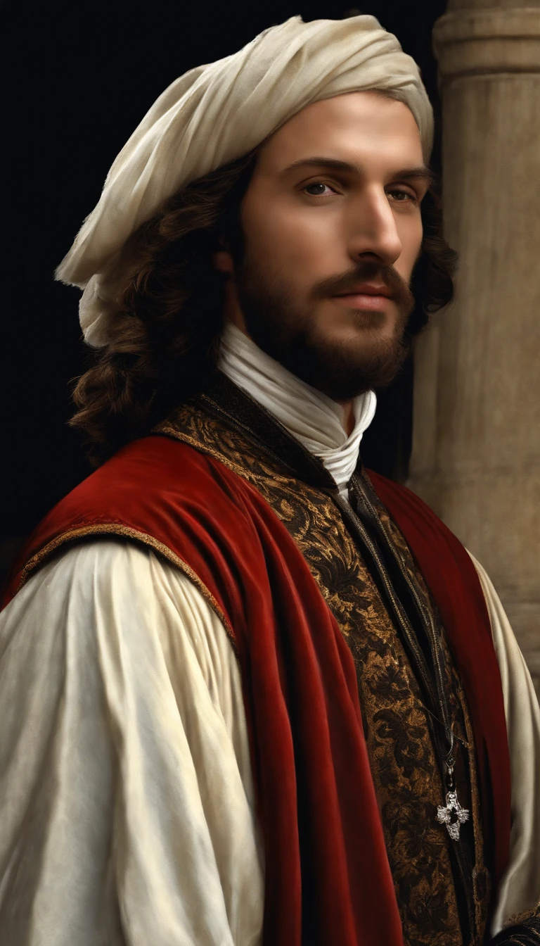 In the 17th century, a black cloak was worn,Man wearing a red knot scarf, in the style of photorealistic detailing, Brush stroke exploration, Flickr, photoreal render, dark white and amber, pseudo-realistic, religion, Ultra photo realsisim