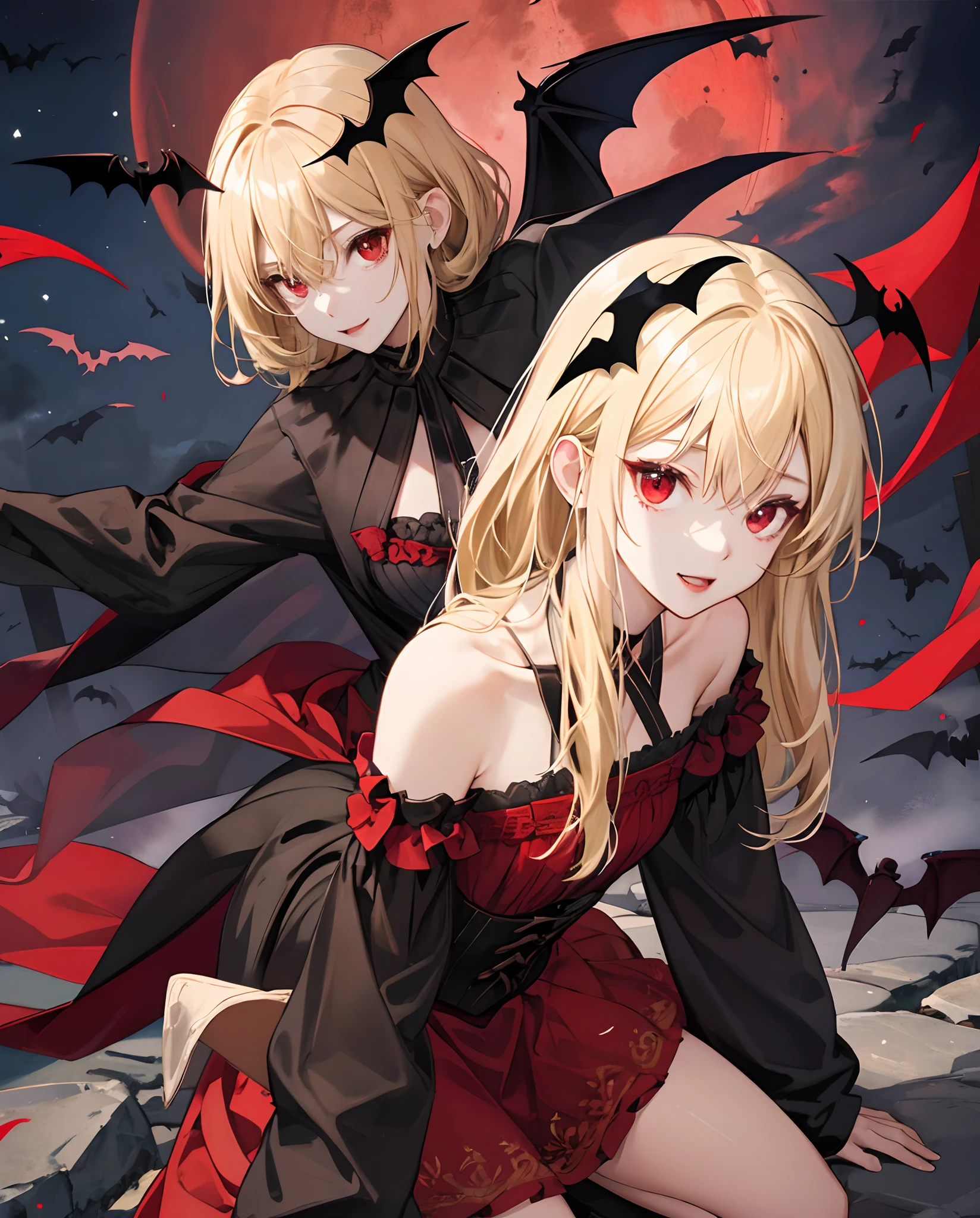 bat girl blonde long red eyes、doress、Red Moon Blonde Girl One、red eyes、vampire、doress、off shoulders、Red Moon、midnight