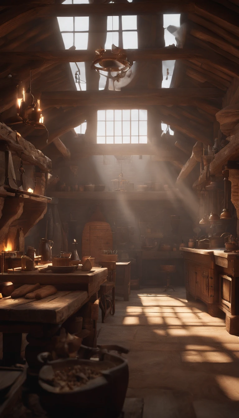 Cinematic footage，isometry，Blacksmith shop，depth of fields，high light，Real light，Ray traching，CG rendering，Hyper-realistic，best qualtiy，8K，Works of masters，super-fine，Detailed pubic hair，