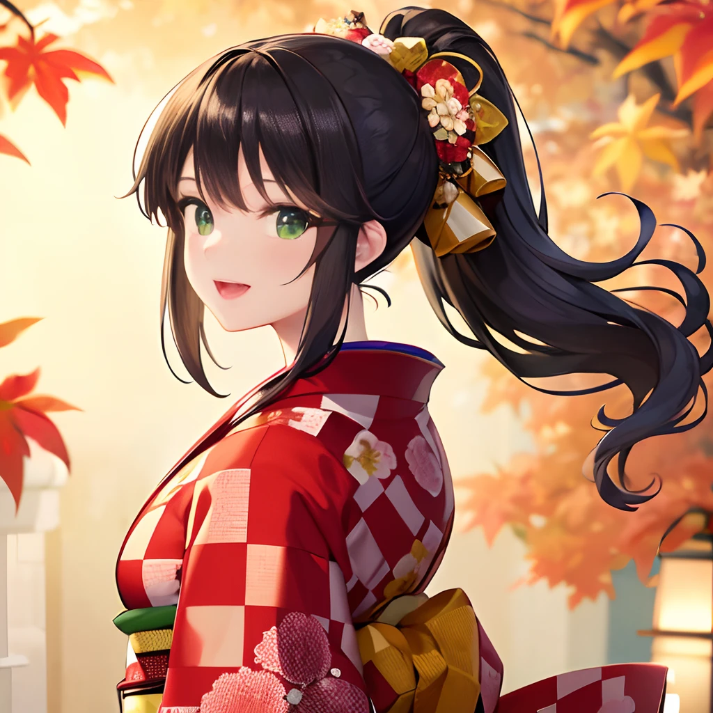Anime girl in kimono outfit with red and white checkered kimono - SeaArt AI