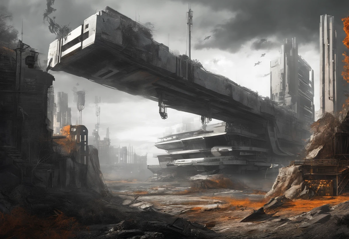 Post-apocalyptic wars, Shades of white, Nero, amarelo,orange colors, survivor, vegetation, shadowing, Gloomy atmosphere, darkly, ((natta)), The breadth of the landscape,sense of science and technology,Futuristic,quadratic element