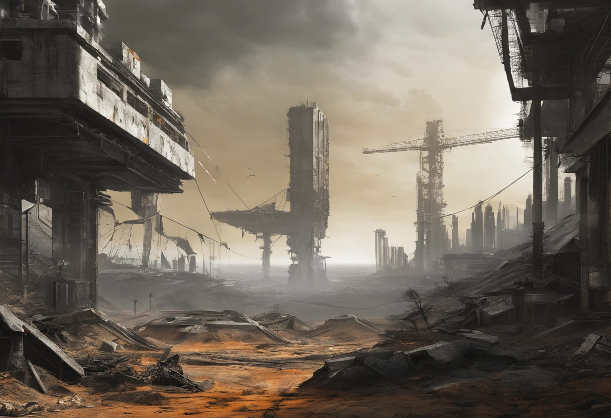 Post-apocalyptic wars, Shades of white, Nero, amarelo,orange colors, survivor, vegetation, shadowing, Gloomy atmosphere, darkly, ((natta)), The breadth of the landscape,sense of science and technology,Futuristic,quadratic element