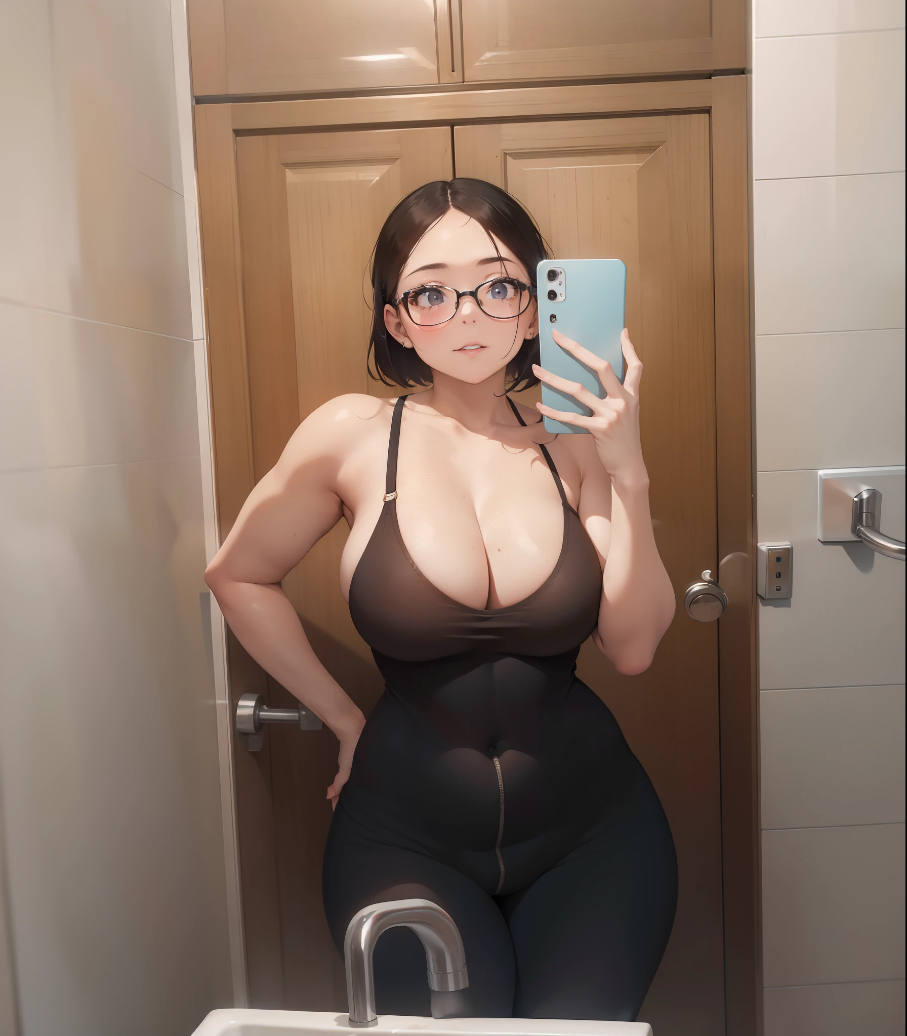 there is a woman taking a selfie in a bathroom mirror, 18 years old, 21 years old, 2 , 2 3 years old4 years old, 1 8 yo, 2d, 1 6 years old, 2 8 yhick glasses, ww cut tanktop, ld