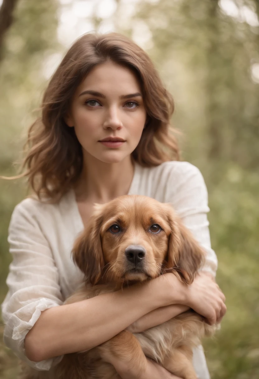 a young beautiful woman with blond pinned-up hair, Bun, cuddles with a cute dog, Hintergrund ist eine herbstliche Wiese