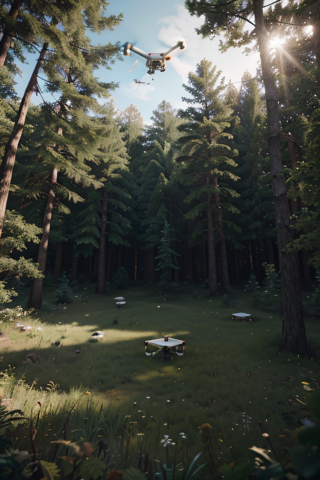 The sight of a small white drone flying through the forest, drone point of view, hovering drone, drone wide shot, drone point of view, UAVs, drone photography, drone photography, looming drone, Air drones, drone camera angle, drone footage, Fly drones, 4k drone photography, drone view, Hovering in the air, UAVs,cryengine render 8 k uhd, made in unreal engine, illusory engine. cinematic Film still from