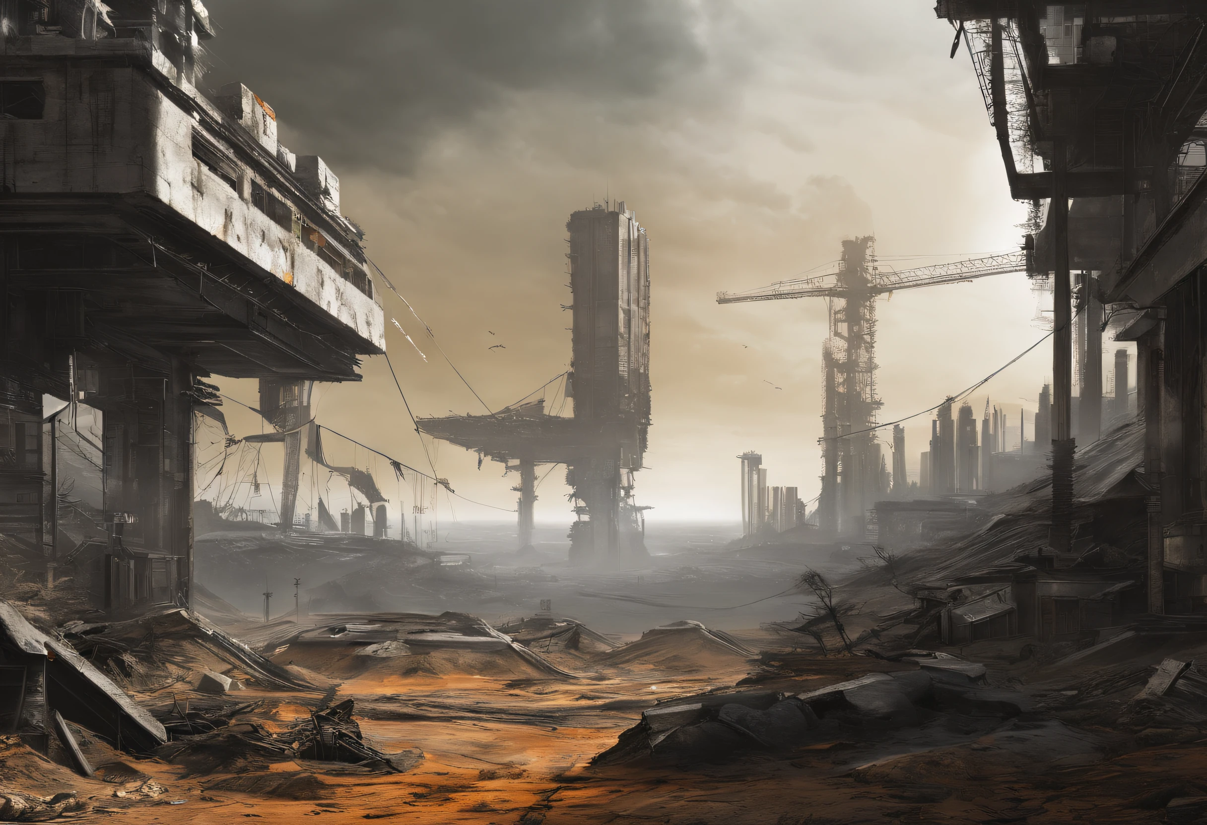 Post-apocalyptic wars, Shades of white, Nero, amarelo,orange colors, survivor, vegetation, shadowing, Gloomy atmosphere, darkly, ((natta)), The breadth of the landscape,sense of science and technology,Futuristic,quadratic element