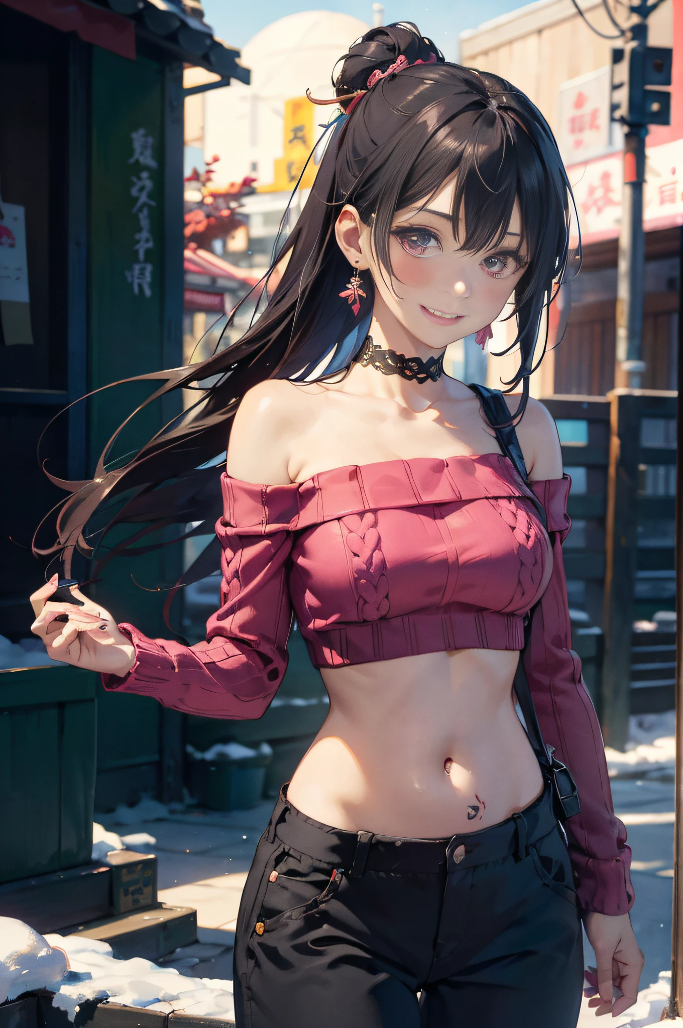 a 20 yo woman、Pink hair、long twintail、Big smile、nedium breasts、crisp breasts、The thighs are clear at a glance、fishnet tights、<Tips for quality improvement>
<Character appearance、Background and other tips>
Break (Pink theme:1.4), (Vivid colors:1.3), (Pink sweater:1.4), (longer sleeves:1.3), ((cropped shoulders, navel, stomach):1.3),
Break (Black Themes:1.3), ((Black oversized pants, Black baggy pants):1.3), (Black choker:1.2), (Earrings:1.2), (Lace-up boots:1.1),
<expressioness、illuminating、Other tips>(hi-top fade:1.3)、dark themes、muted tones、pastelcolor、hight contrast、(Natural Skin Textures、Hyper-realism、Soft light、Sharp) (masutepiece, of the highest quality, Best quality, offcial art, Beautiful and aesthetic: 1.2), (1girl in: 1.3), Very detailed, (Fractal art: 1.1), (Color: 1.1) (Flowers: 1.3), (author:Higuchi Yuko:1.4), Yuko Higuchi,(Posted by Yow:1.2),(linear art),Line drawing,pen painting,zentangle,(tattoo pattern:1.2),(Complex lines),(masutepiece),(Best quality:1.1), (Ultra-detailed),Best Illustration,finedetail,hand-drawn high quality,High contrast,(Clean lines:1.3),清晰的线条,(Portrait),(Very close-up:1.1),1 girl,Solo,The girl was wrapped in snow,(Intricate details:1.3),(Detailed background:1.2),(coloured background:1.1),Sketch,Intricate details,high resolution,a moon,top-quality、8K、A high resolution、tmasterpiece、(porate:0.6)、brunette color hair、mid hair、(grinning evily:1.3)、(looki at viewer:1.3)、(bokeh dof)、18yr old、8K, masutepiece, (Photorealistic:1.5), Artistic portrait from behind ((Gangster girl) in a kimono), Back tattoo, Tattoos that expose the back, (Dragon tattoo), Bare shoulders, huge-breasted, Beautiful skin, Slim fit, Cute face, Nice appearance, view the viewer, Red hair tied into a bun with bangs, Foggy, Daylight, skyscrapper, Clouds, Cozy and cool atmosphere, Dynamic lighting, Natural, Artistic,18-year-old girl Wahori skin, The Yakuza, Japanese mafia, Background of Tokyo's red light district, Realistic, Photoreal, masutepiece, Best quality, Sexy tattoos, Exotic, Erotic,Tribal Tattoos Tribal tattoos are all over the arms,