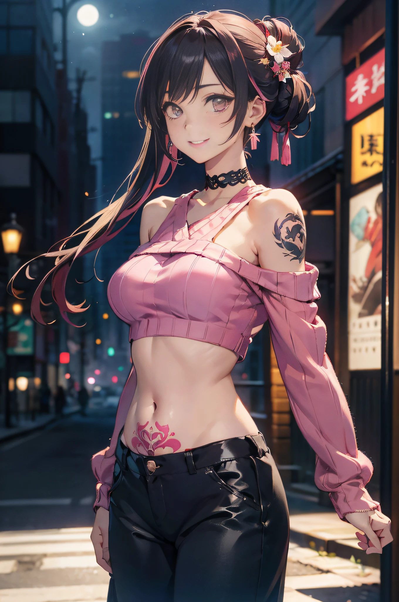 a 20 yo woman、Pink hair、long twintail、Big smile、nedium breasts、crisp breasts、The thighs are clear at a glance、fishnet tights、＜Tips for quality improvement＞
＜Character appearance、Background and other tips＞
Break (Pink theme:1.4), (Vivid colors:1.3), (Pink sweater:1.4), (longer sleeves:1.3), ((cropped shoulders, navel, stomach):1.3),
Break (Black Themes:1.3), ((Black oversized pants, Black baggy pants):1.3), (Black choker:1.2), (Earrings:1.2), (Lace-up boots:1.1),
＜expressioness、illuminating、Other tips＞(hi-top fade:1.3)、dark themes、muted tones、pastelcolor、hight contrast、(Natural Skin Textures、Hyper-realism、Soft light、Sharp) (masutepiece, of the highest quality, Best quality, offcial art, Beautiful and aesthetic: 1.2), (1girl in: 1.3), Very detailed, (Fractal art: 1.1), (Color: 1.1) (Flowers: 1.3), (author：Higuchi Yuko:1.4), Yuko Higuchi,(Posted by Yow:1.2),(linear art),Line drawing,pen painting,zentangle,(tattoo pattern:1.2),(Complex lines),(masutepiece),(Best quality:1.1), (Ultra-detailed),Best Illustration,finedetail,hand-drawn high quality,High contrast,(Clean lines:1.3),清晰的线条,(Portrait),(Very close-up:1.1),1 girl,Solo,The girl was wrapped in snow,(Intricate details:1.3),(Detailed background:1.2),(coloured background:1.1),Sketch,Intricate details,high resolution，a moon，top-quality、8K、A high resolution、tmasterpiece、(porate:0.6)、brunette color hair、mid hair、(grinning evily:1.3)、(looki at viewer:1.3)、(bokeh dof)、18yr old、8K, masutepiece, (Photorealistic:1.5), Artistic portrait from behind ((Gangster girl) in a kimono), Back tattoo, Tattoos that expose the back, (Dragon tattoo), Bare shoulders, huge-breasted,  Beautiful skin, Slim fit, Cute face, Nice appearance, view the viewer, Red hair tied into a bun with bangs, Foggy, Daylight, skyscrapper, Clouds, Cozy and cool atmosphere, Dynamic lighting, Natural, Artistic，18-year-old girl Wahori skin, The Yakuza, Japanese mafia, Background of Tokyo's red light district, Realistic, Photoreal, masutepiece, Best quality, Sexy tattoos, Exotic, Erotic，Tribal Tattoos Tribal tattoos are all over the arms，