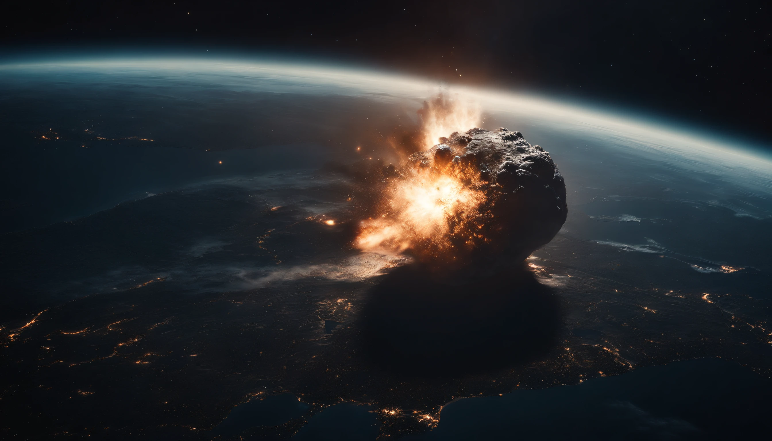 A huge meteor hitting the earth head-on, seen from space, grandiose and frightening.