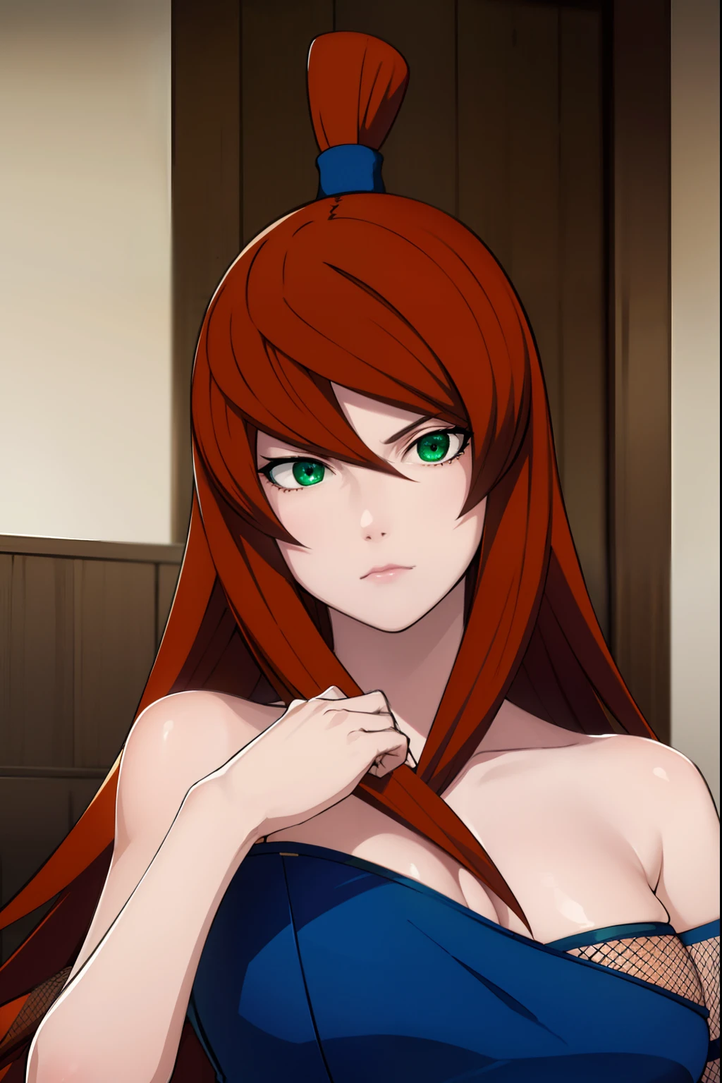 meiterumi, mei terumi, long hair, brown hair, (green eyes:1.5), topknot, hair covering one eye,BREAK dress, bare shoulders, blue dress, sandals, fishnets, BREAK cowboy shot, looking at viewer, 
BREAK indoors, BREAK (masterpiece:1.2), best quality, high resolution, unity 8k wallpaper, (illustration:0.8), (beautiful detailed eyes:1.6), extremely detailed face, perfect lighting, extremely detailed CG, (perfect hands, perfect anatomy),