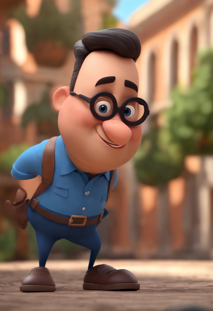 Cartoon character of a man wearing black glasses and a blue shirt, um personagem animado, Caractere estilizado, animation style rendering, 3D estilizado, Arnold Maya render, 3 d render stylized, toon render keyshot, Personagem 3D, Personagem 3D, 3d rendering stylized, 3 d character render, personagem de desenho animado, Personagem de close up, Pose de personagem, (Estilo Pixar) (master part:1.2) (Bokeh) (best quality) (pele detalhada) (textura detalhada) (8k) (argila) (Cinematic lighting) (foco nítido，Senta e vaza a parte superior do corpo