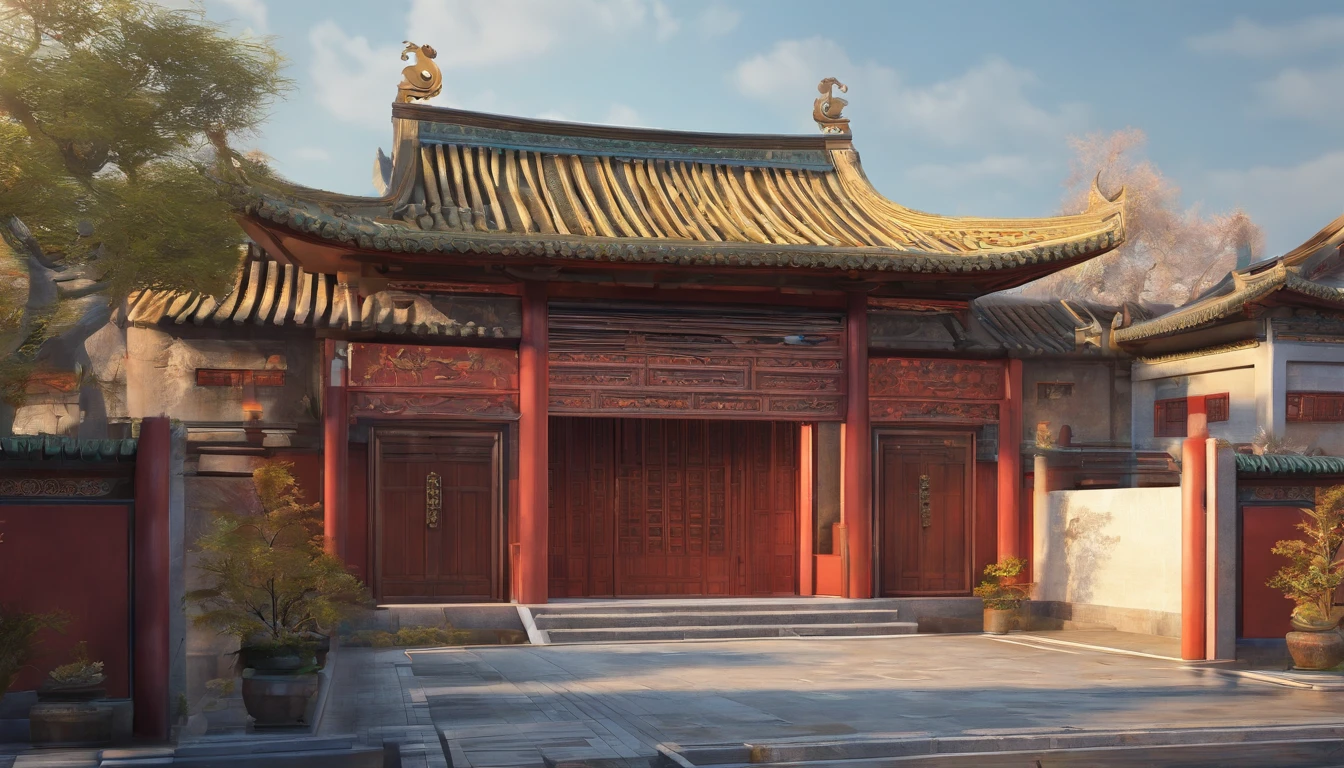 Qing Dynasty architecture in China,Horse head wall ,Facade room,Three townhouses,in a panoramic view。