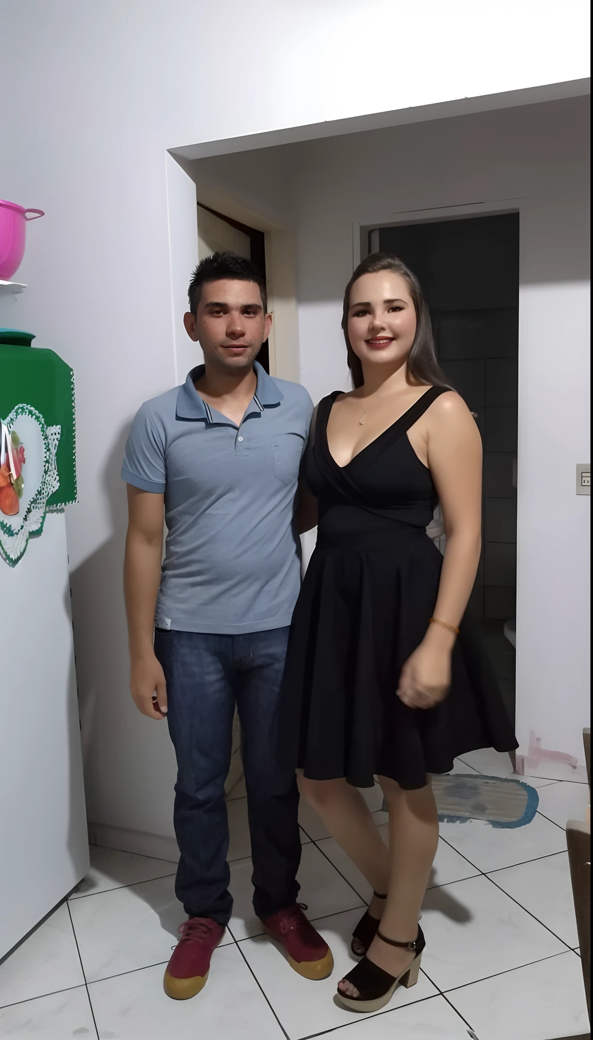 There are two people standing in a kitchen next to a refrigerator, Directed by: Nandor Soldier, Lovely couple, imagem de perfil, par, Casal feliz, masculino brasileiro e feminino loira, Herbert Carvalho de 38 anos, Priscila Azevedo de 28 anos, mulher do Brasil, foto estilo Disney Pixar, with high resolution, detalhes minimalistas e com qualidade superior.