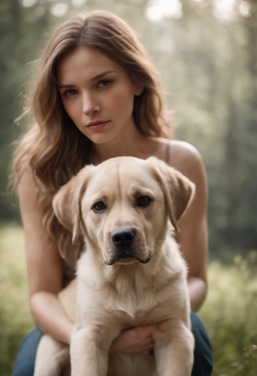 I want an image of a woman who raises big dogs but is ashamed to show up, she has Dark blonde messy hair