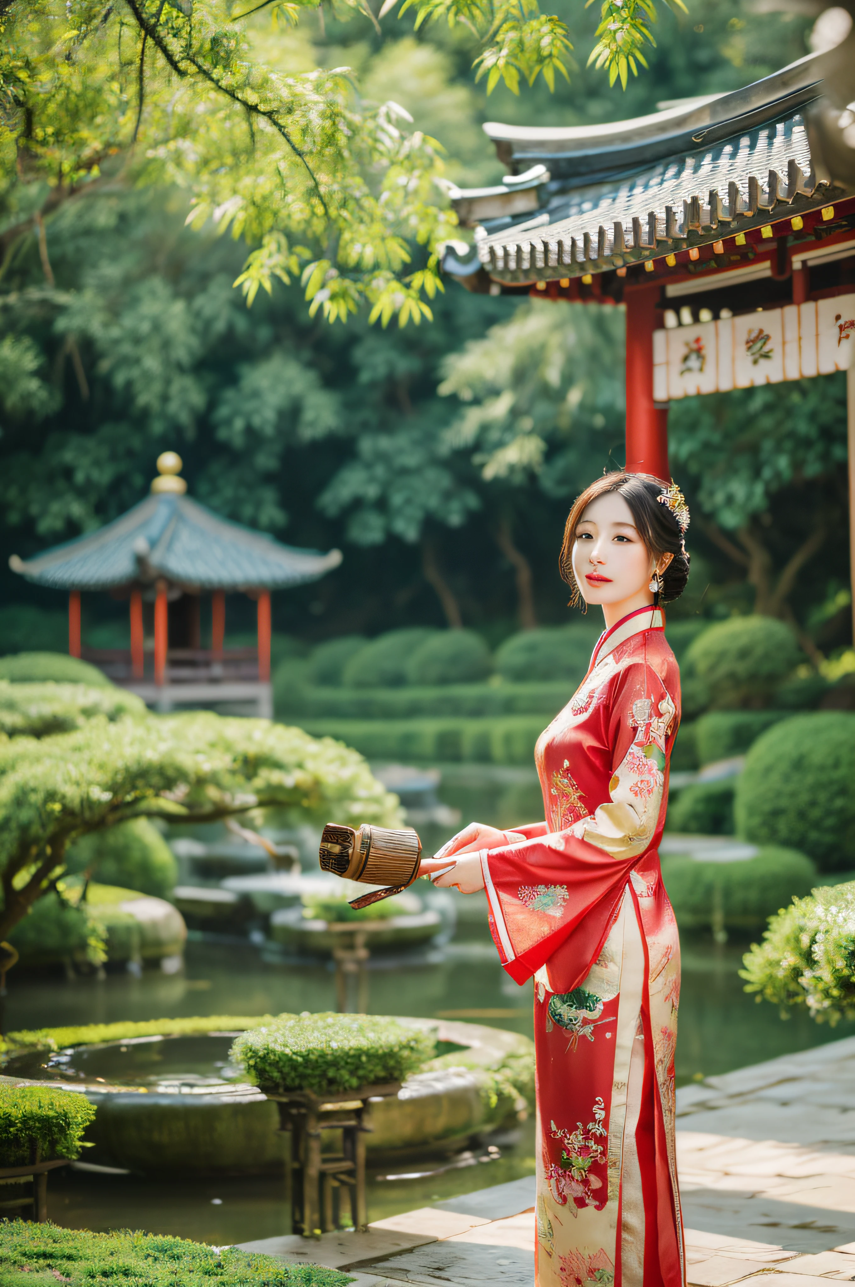 (best quality,4k,8k,highres,masterpiece:1.2),ultra-detailed,(realistic,photorealistic,photo-realistic:1.37),traditional Chinese painting,China wind,beautiful Chinese girl,lotus,red lanterns,ancient architecture,silk clothes,palace garden,colorful parasols,shimmering gold accents,subtle brush strokes,ethereal atmosphere,mystical landscape,serene expression,harmonious color palette,soft natural lighting,dreamlike scenery,traditional music in the background,peaceful ambience,traditional Chinese calligraphy,authentic cultural elements,historical charm,lush greenery,elegant and graceful postures of the girl,heavenly setting,whispering bamboo forest,rising mist,artistic composition