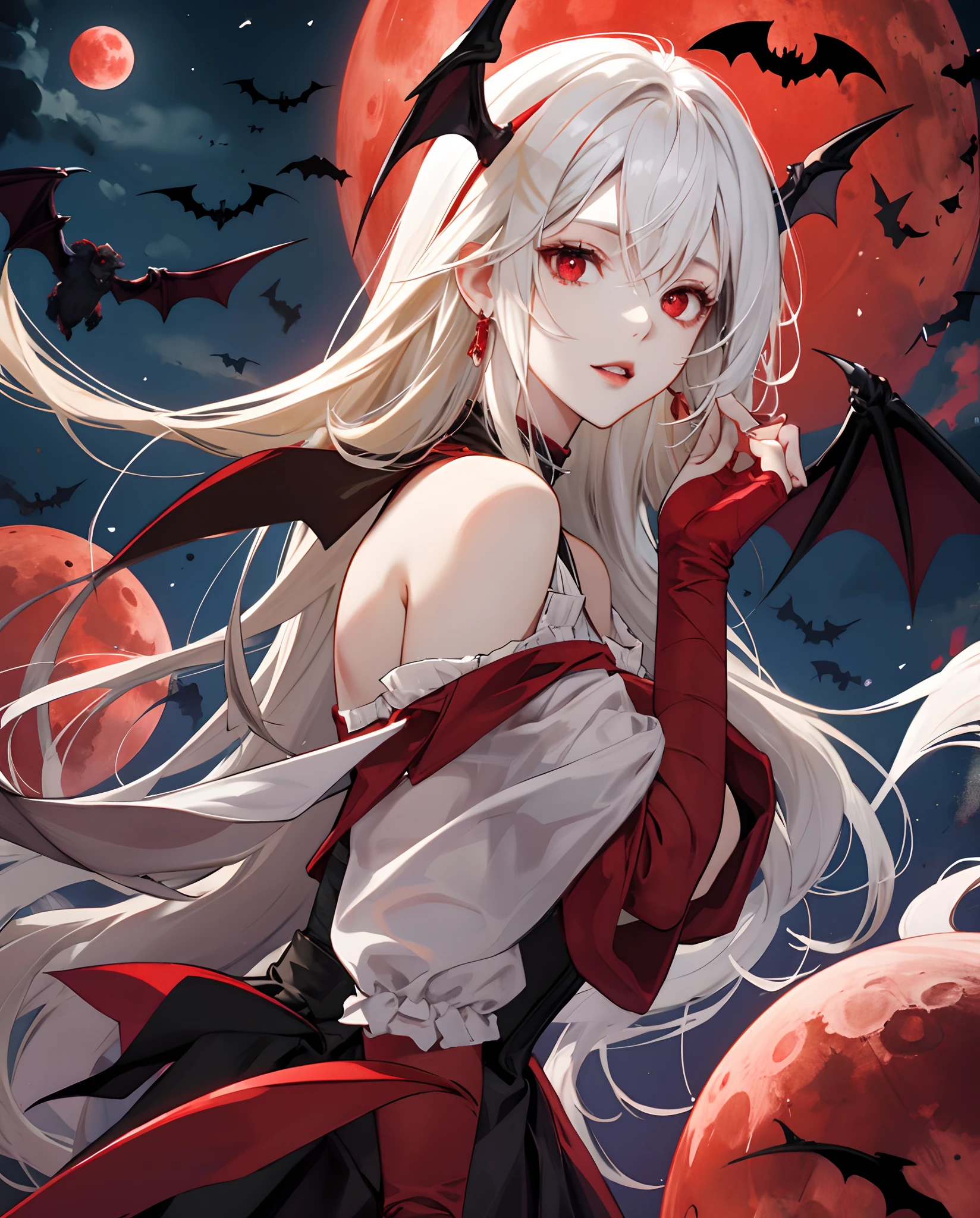 bat girl white hair long red eyes、doress、Red Moon Blonde Girl One、red eyes、vampire、doress、off shoulders、Red Moon、midnight