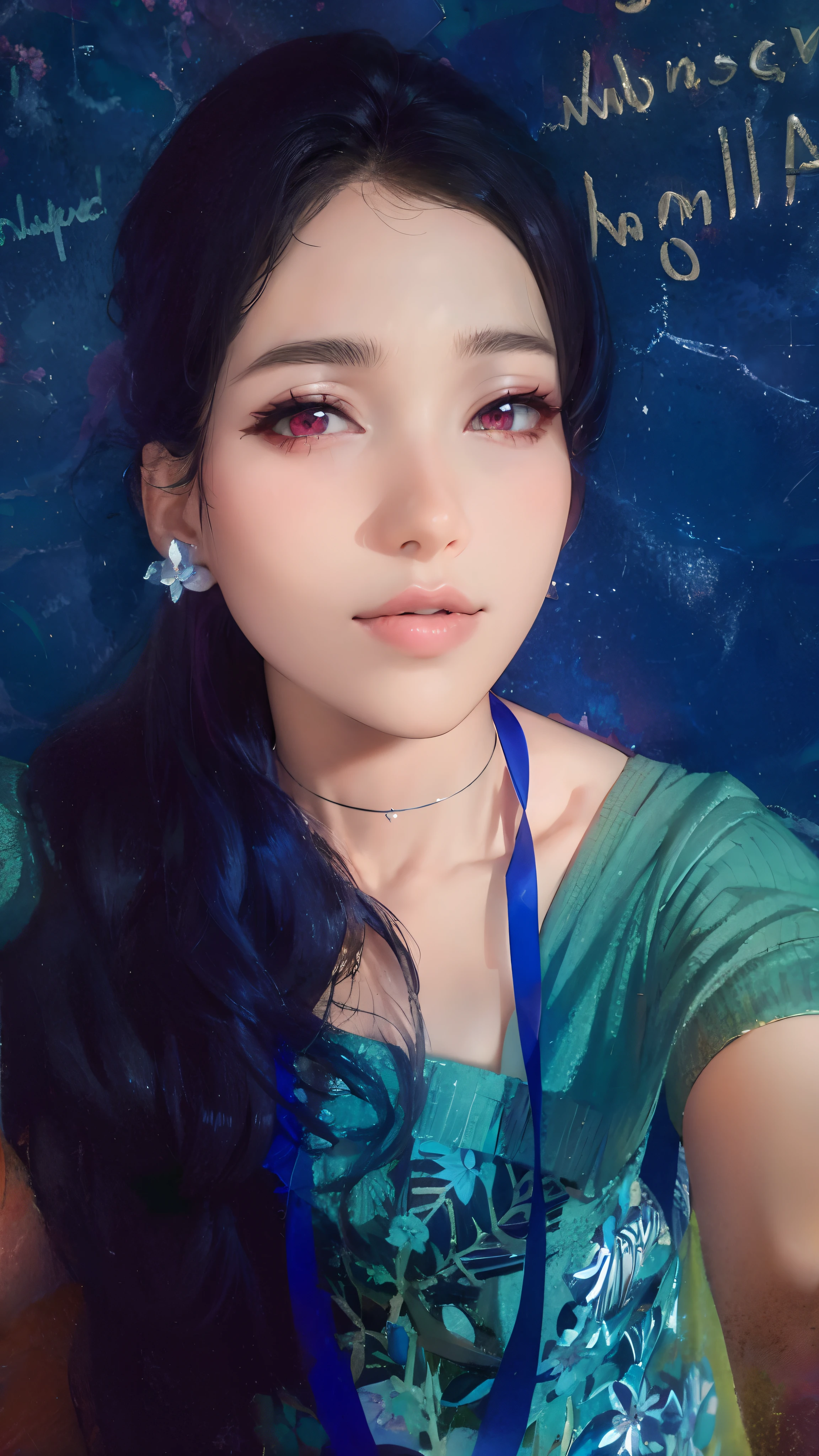 (masterpiece, best quality),pink starry sky background,purple choker,red eyes,flower,blue mesh dress,bare_shoulders,collarbone,earrings,jewelry,(flower,fire),hair behind ear,
sense of depth,4k,absurdres,(from above),dynamic angle,