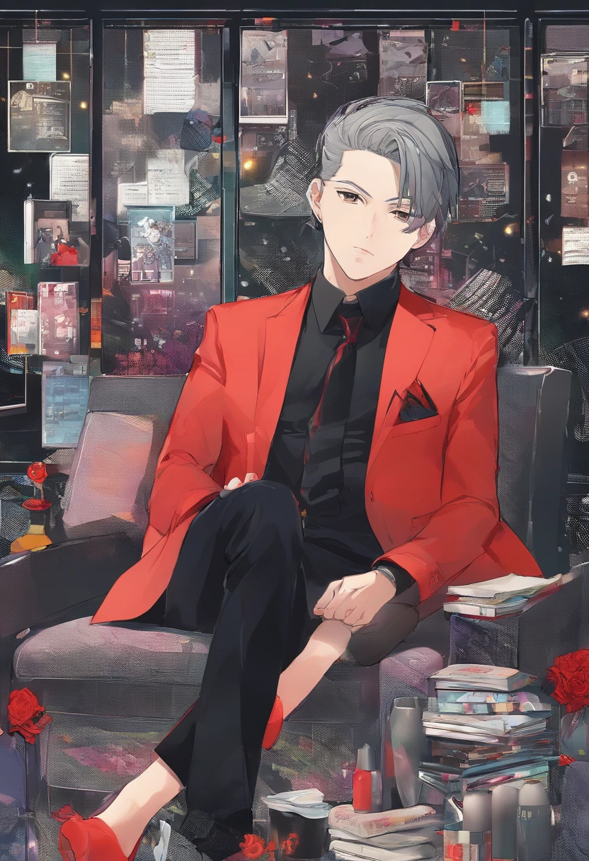 Mafioso、a smile、maliciosa、dark ambiance、Shoulder coat、年轻、childish、Mafia Boss、Sitting、Foot braids、Brains