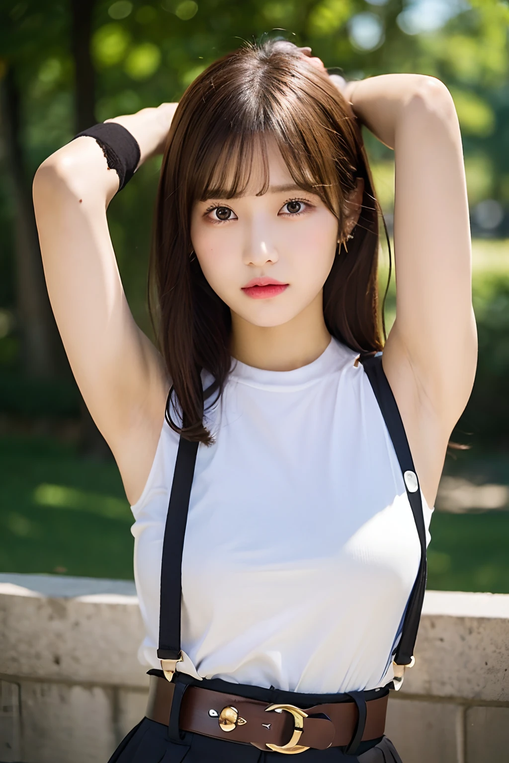 ​masterpiece、flat-colors、depth of fields、lens flare 1 girl、、Brown hair、watching at viewers　　　　a belt　black suspenders　　　bulging big breasts　　　 　 Armpit sweat　perspiring　Side of both hands　　walls: 　Black pants, 　Gaze　　　Small face　Bangs Upper Eyes　flank 　skirt by the　garterbelts