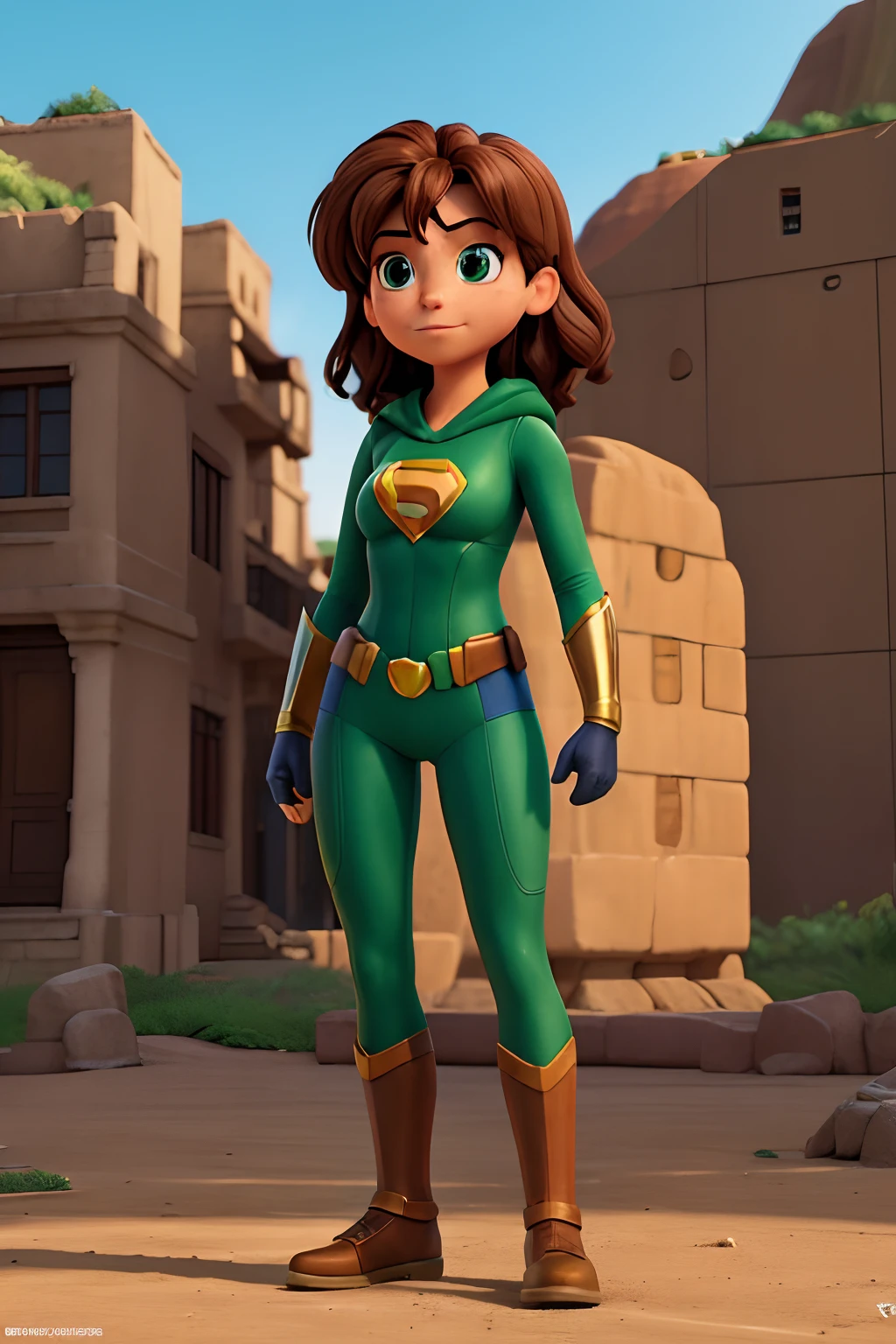 a close up of a girl, brown hair, in a green shirt, Woman, animation character, film character, cartoon character, official character art, Lucia, solo female character, female character, full body, masterpiece, best quality, female superhero, female superhero, supermarket, promotion, hero, power, strength, courage, justice, vigilante, action, adventure, Superpowers, Cape Verde, green suit, Superhuman, protector, savior, Metropolis , skyline, buildings, victory, emblem, fantasy, brave, sonic, fearless, iconic, powerful, battle, epics, superhero team, supervillain, heroic deeds, defense, justice league