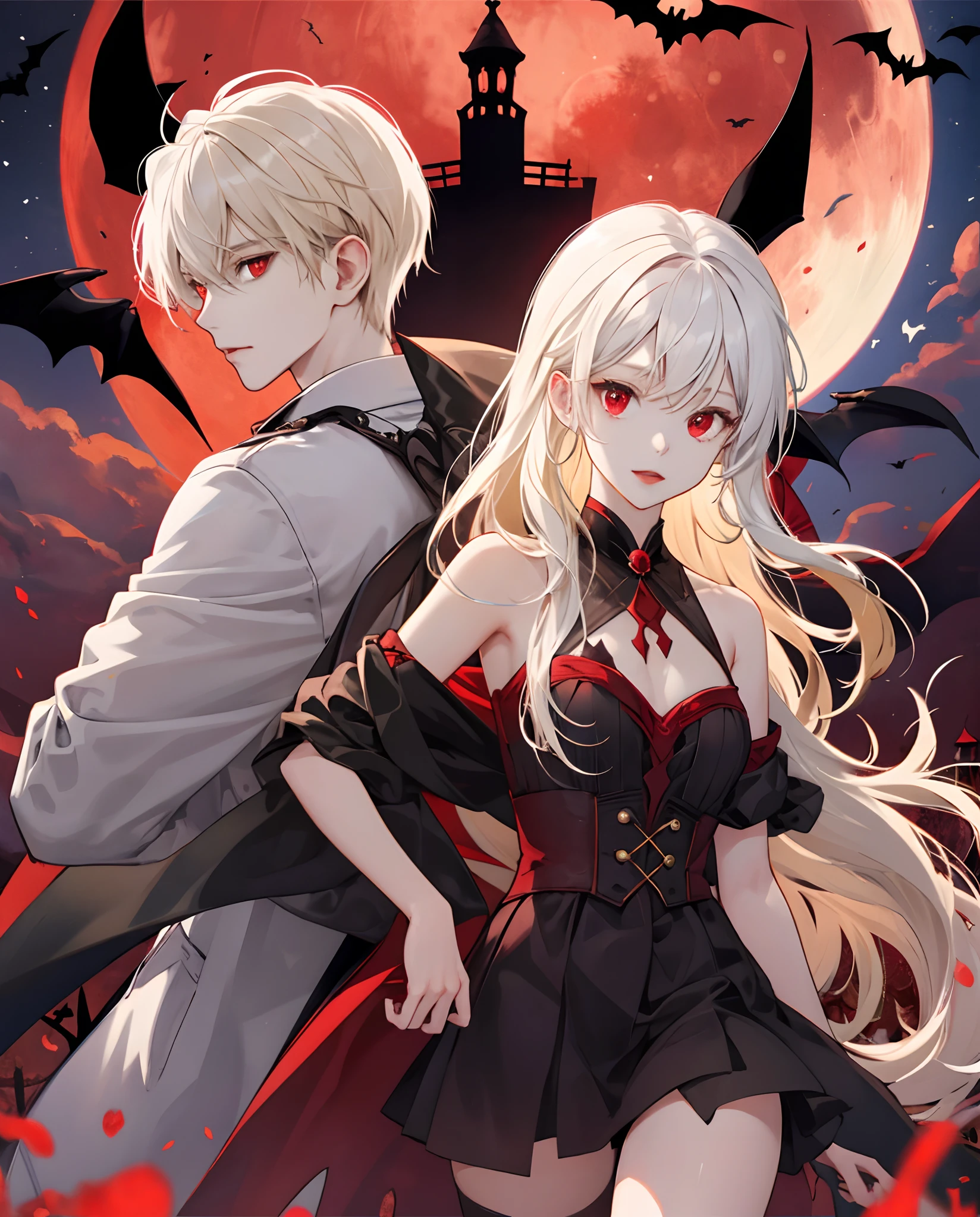 bat girl white hair long red eyes、doress、Red Moon Blonde Girl One、red eyes、vampire、doress、off shoulders、Red Moon、midnight