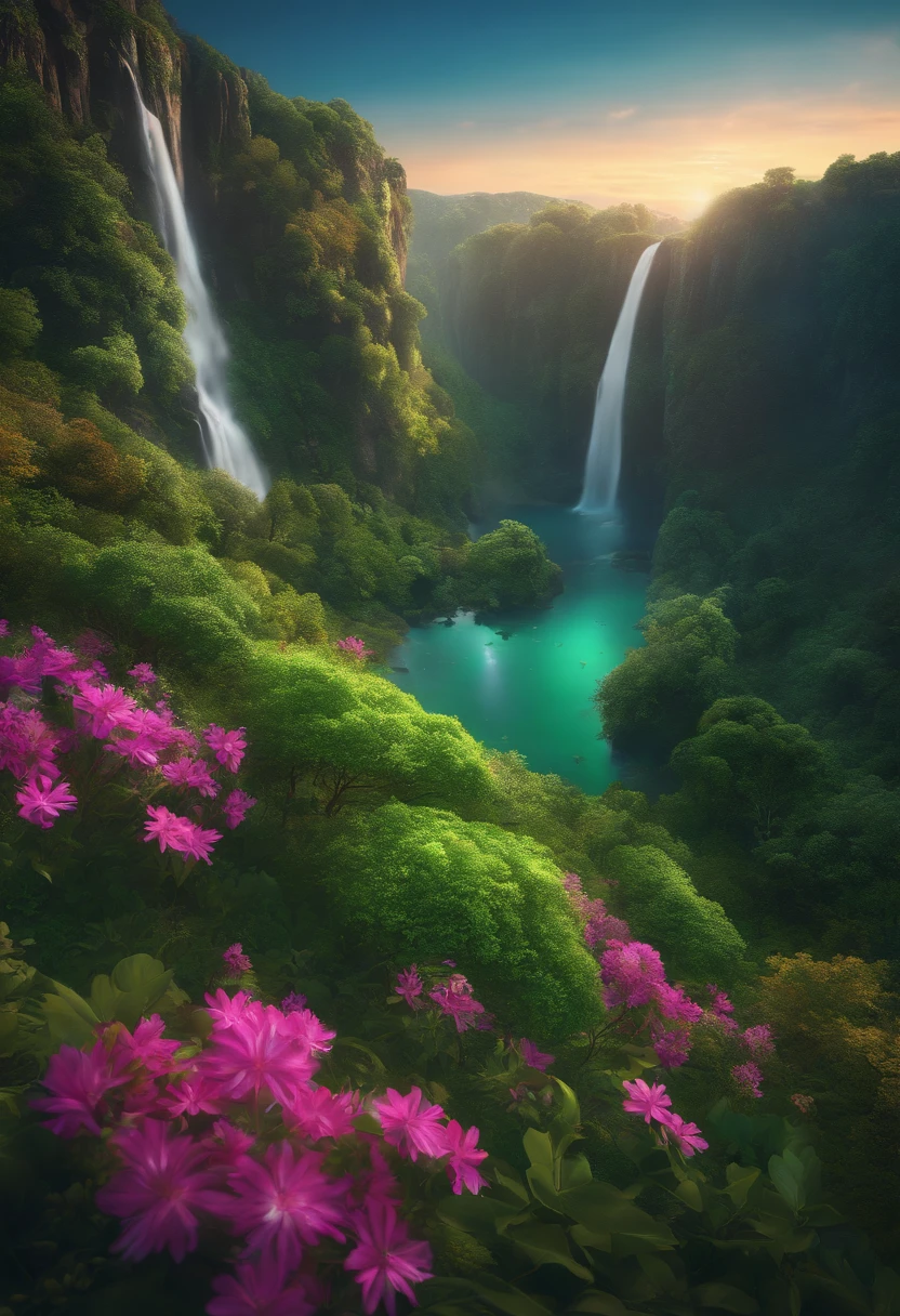 ultra-realistic 8k, Ultra detailed, (Best Quality Digital Illustration A masterpiece of Earth in outer space), ((No Man)) (Beautiful planet Earth illustration), (Vivid green nature and vegetation), (Flowering plants), ((waterfallr)), (Bright stars), (hyper-detailing, Dynamic camera), (wide angles), (celestial lighting), (vibrant color and saturation), (trending on artstationh,