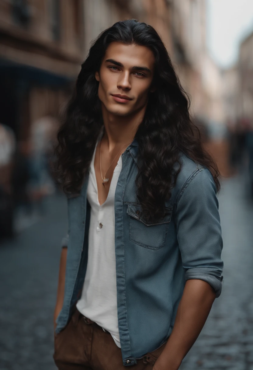 boy walking on street, long hair,black hair, trending fashion, masterpiece, realistic, best quality, 8k, look at viewer, detail eyes, detail face, (detail skin),(( pores: 1.3 )), (freckles:0.6), acne, smile, teeth
