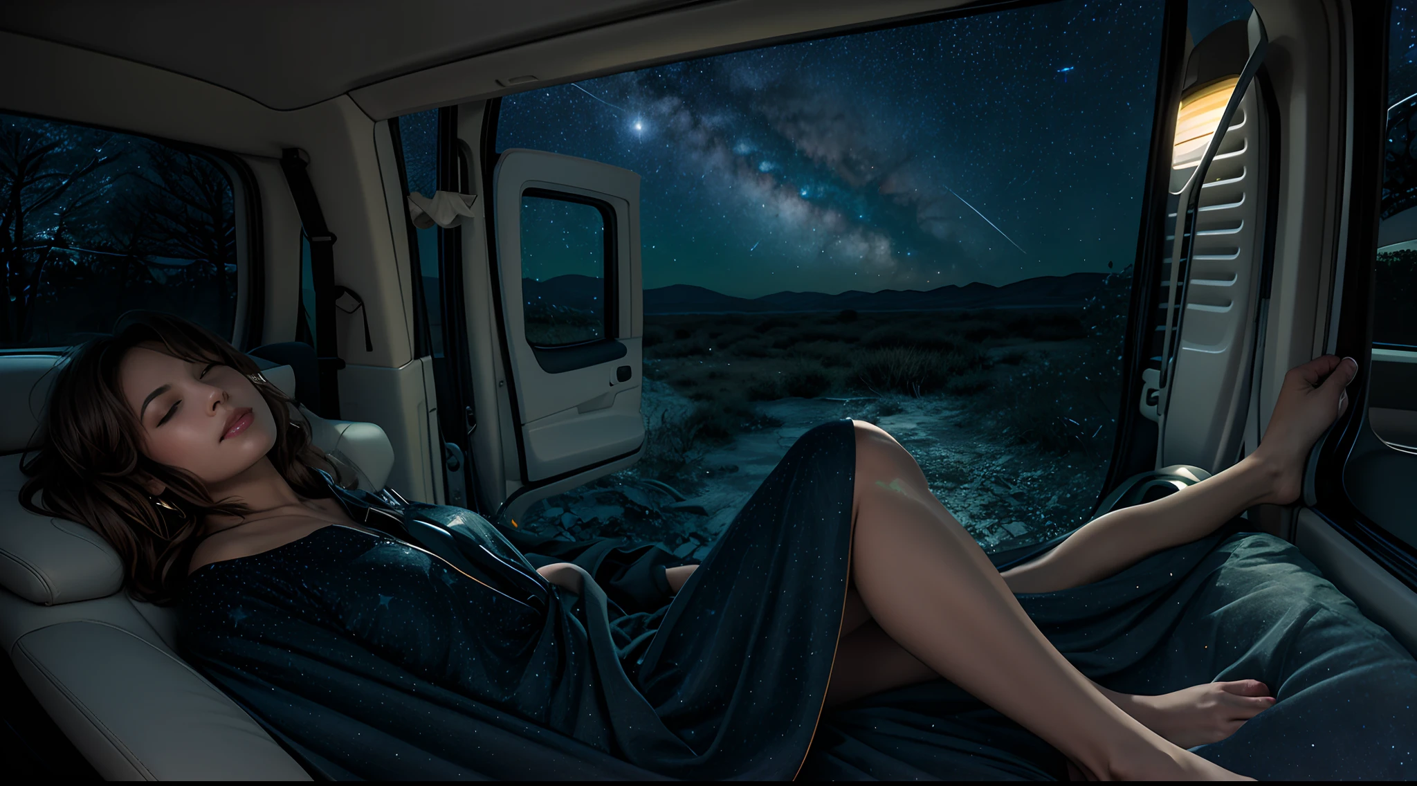 there is a woman laying in a car with a blanket on, dreamy night, watching the stars at night, night covered in stars, night under the starry sky, looking at the stars, moonlit night dreamy atmosphere, watching the stars, night time with starry sky, with the sky full of stars, starry nights, dark and stars in the background