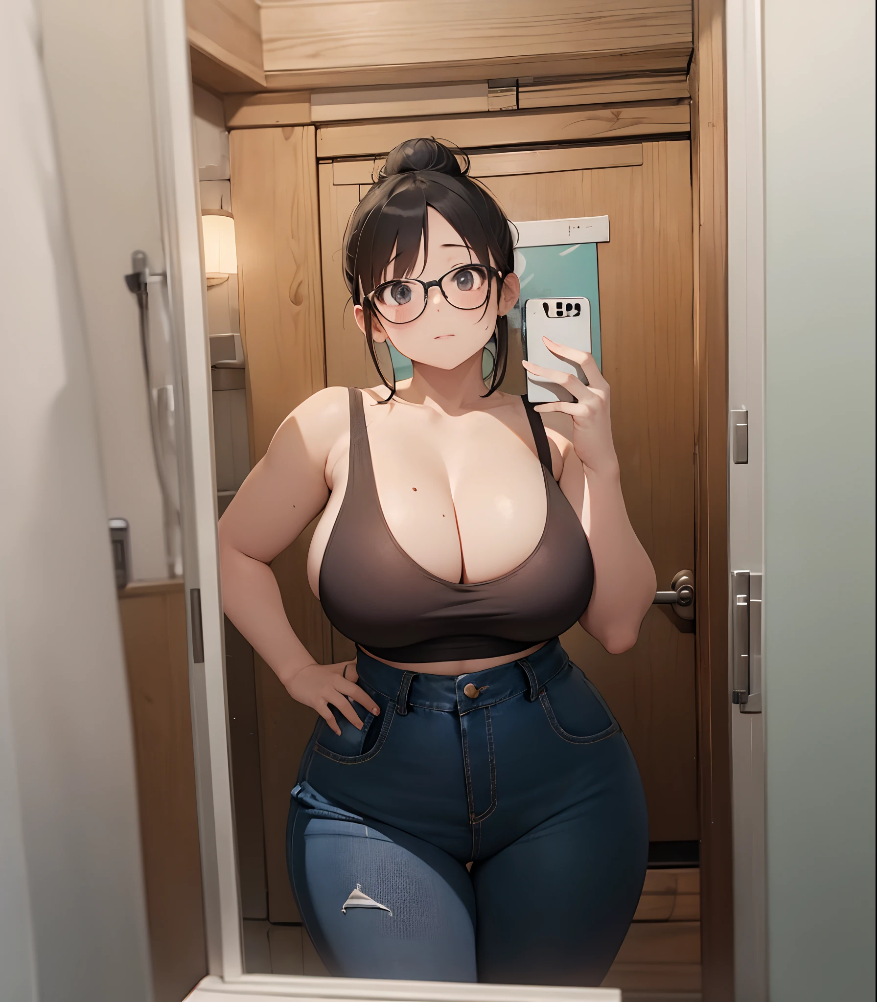 chubby girl taking a photo in the mirror, wearing glasses, very pale skin, very thin waist and insanely wide hips, thick legs, black hair with a bun, gigantic breasts, colossal and saggy breasts, wearing a tight tank top with a giant neckline, wearing tight jeans