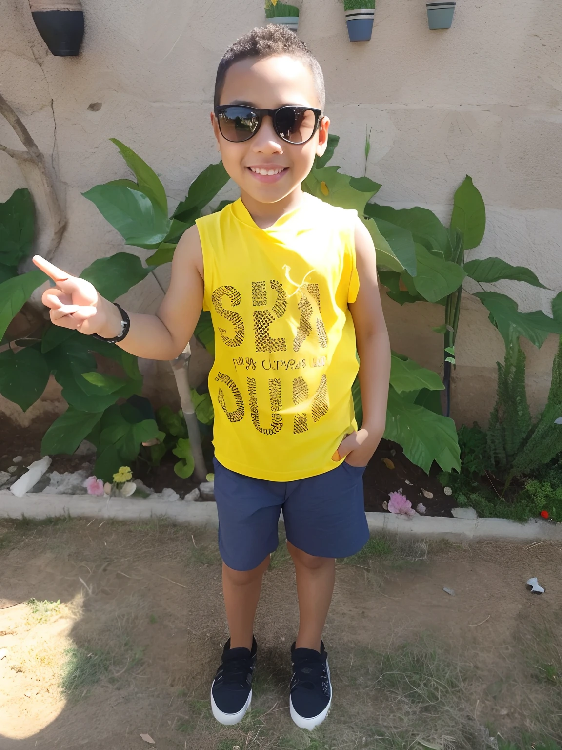 There's a boy wearing sunglasses and a yellow shirt, pele morena, feliz com sorriso no rosto, no fundo um jardim com plantas e flores