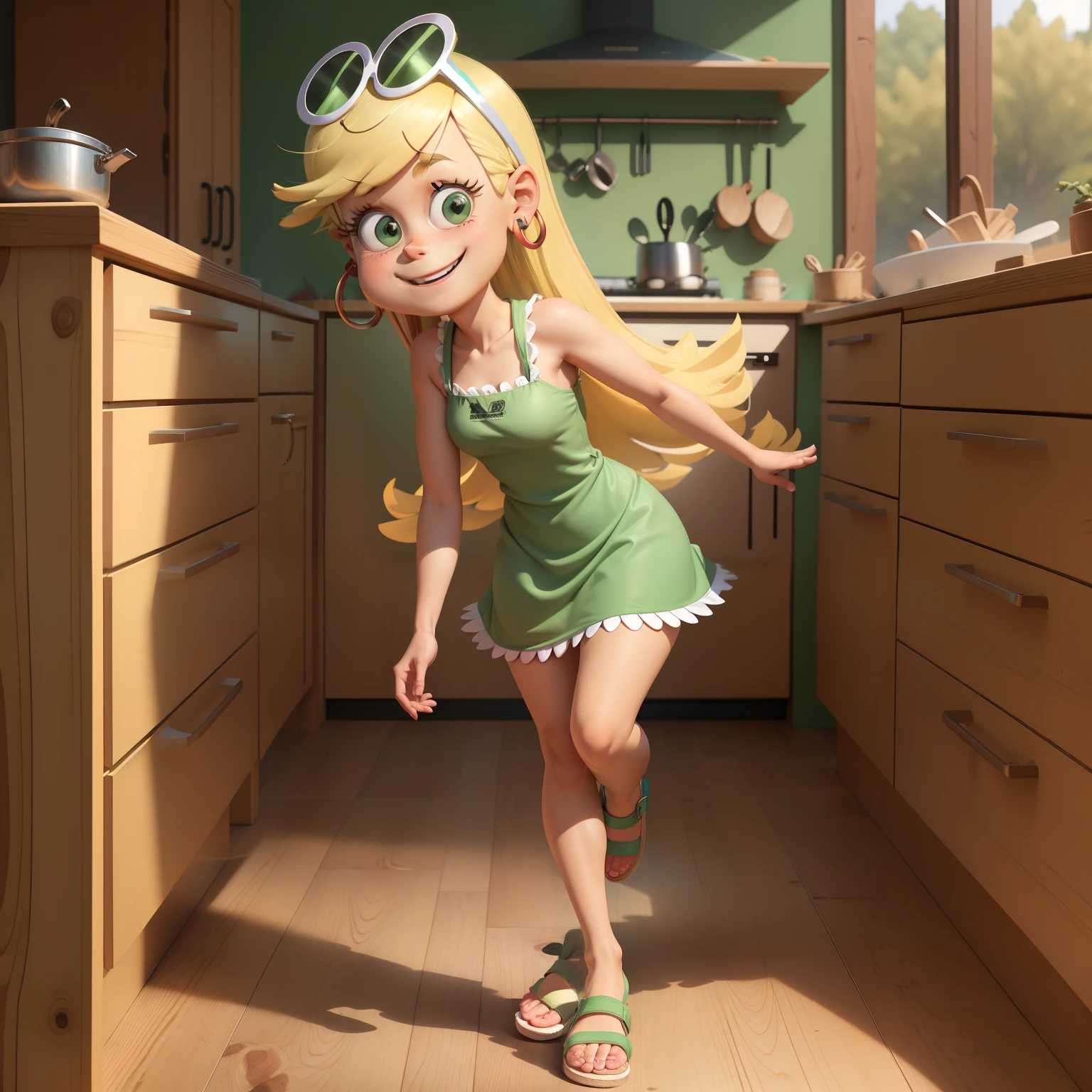 1girl, full body, leni loud, blonde hair, long hair, green dress, earrings, eyewear on head, hoop earrings, forest, smile, sandals, walking, her kitchen tasks.