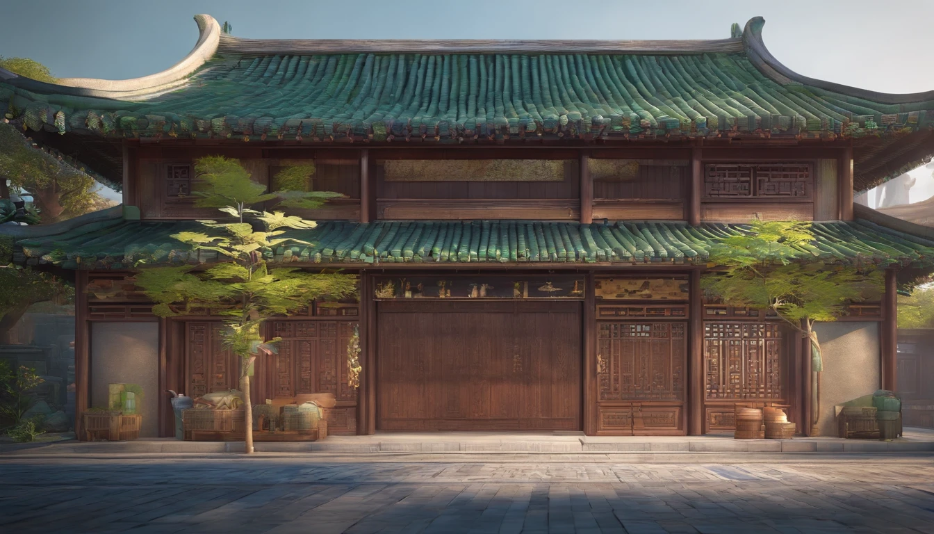Ancient architectural street in southern China,,Facade room,Three rooms,Green brick and gray tiles,Brick and wood construction,in a panoramic view。