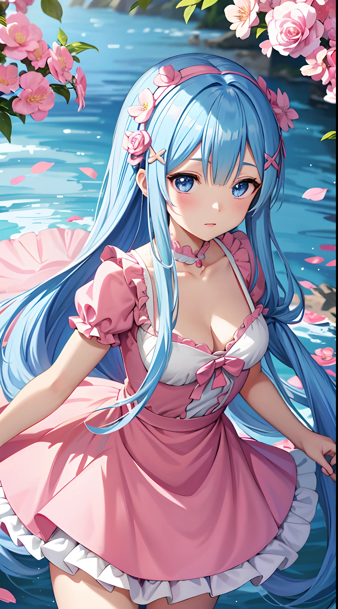 Anime girl in pink dress with flowers, Light blue long hair、Twin-tailed、Cute anime waifu in a nice dress, in dress, rem rezero, offcial art, Anime princess, Lori, beatrice blue, zerochan art, royal elegant pose, splash art anime lolisif, Kushatt Krenz Key Art Women, detailed fan art, Beautiful teenage
