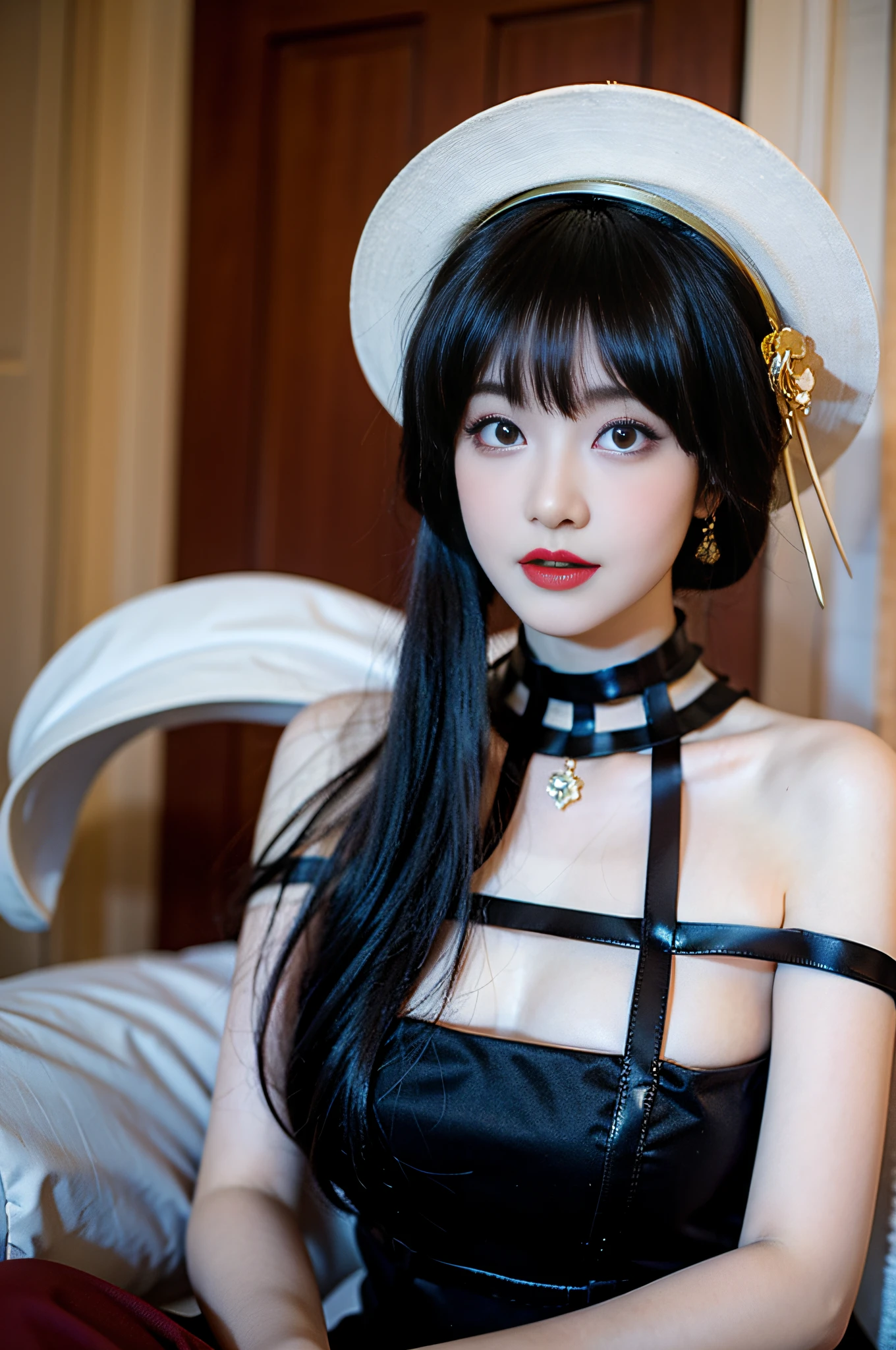 arafed woman in a white hat and dress with a red lip, pale porcelain white skin, guweiz, guweiz masterpiece, artwork in the style of guweiz, soft portrait shot 8 k, pale young ghost girl, porcelain white skin, by Russell Dongjun Lu, pale milky white porcelain skin, elegant lady with alabaster skin