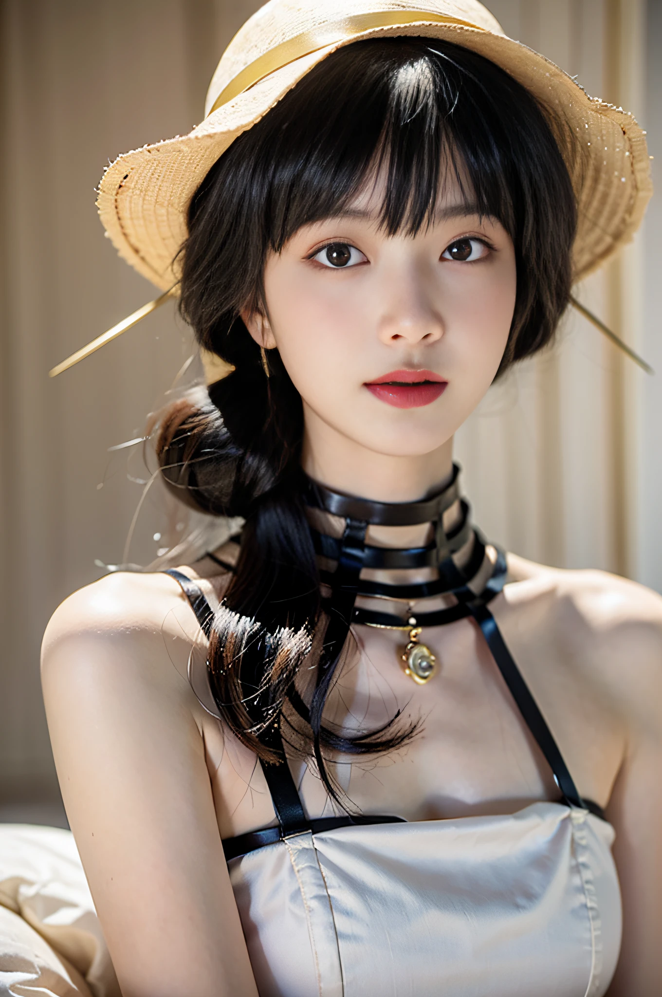 arafed woman in a white hat and dress with a red lip, pale porcelain white skin, guweiz, guweiz masterpiece, artwork in the style of guweiz, soft portrait shot 8 k, pale young ghost girl, porcelain white skin, by Russell Dongjun Lu, pale milky white porcelain skin, elegant lady with alabaster skin