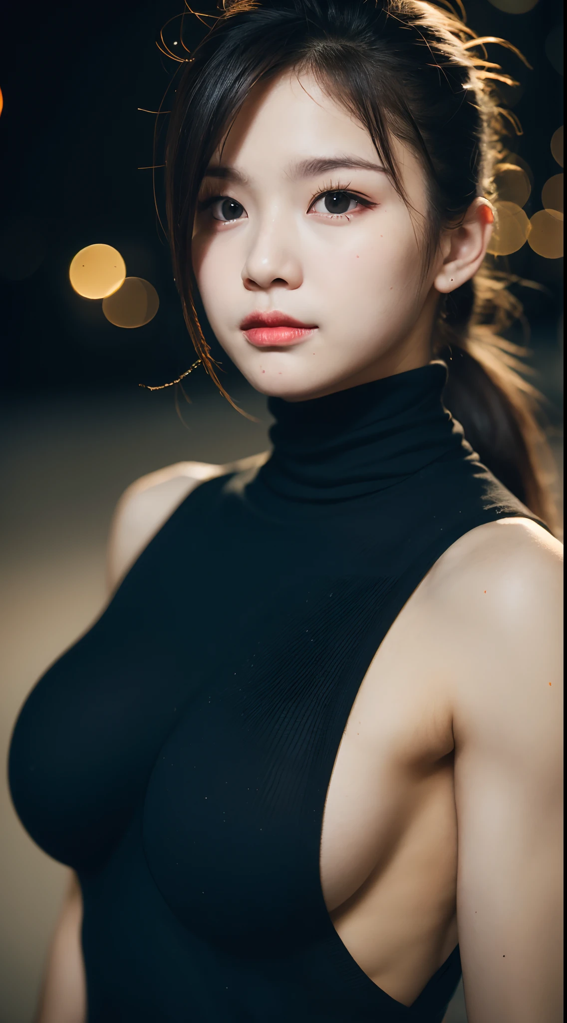 Baby Face, 20 Yearsold, Beautiful, Sleeveless Black Turtleneck, Ultra Realistic Detail, Night Street Background, Halloween Vibe, Ponytail, Look at Viewer, ((breastssize:1.3)), ((muscles:1.3)), ((adorable:1.1)), ((masterpiece:1.1)), ((bokeh:1.5))