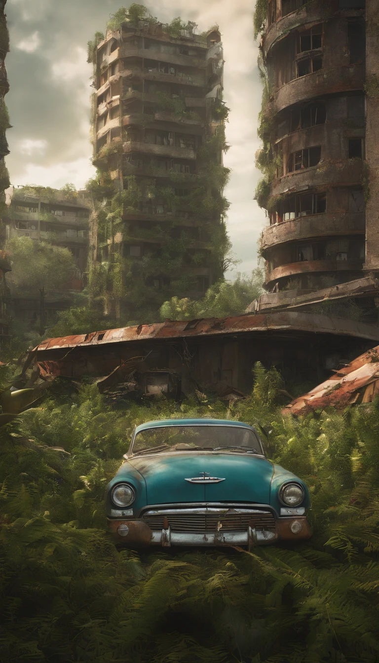 cg render， Cidade abandonada ，post apocalyptic world， Abandoned cars ，Vegetation next to the building， Destroyed buildings， The plane crashed，Broken robots