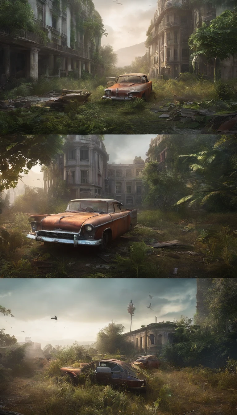 cg render, Cidade abandonada ,post apocalyptic world, Abandoned cars ,Vegetation next to the building, Destroyed buildings, The plane crashed,Broken robots