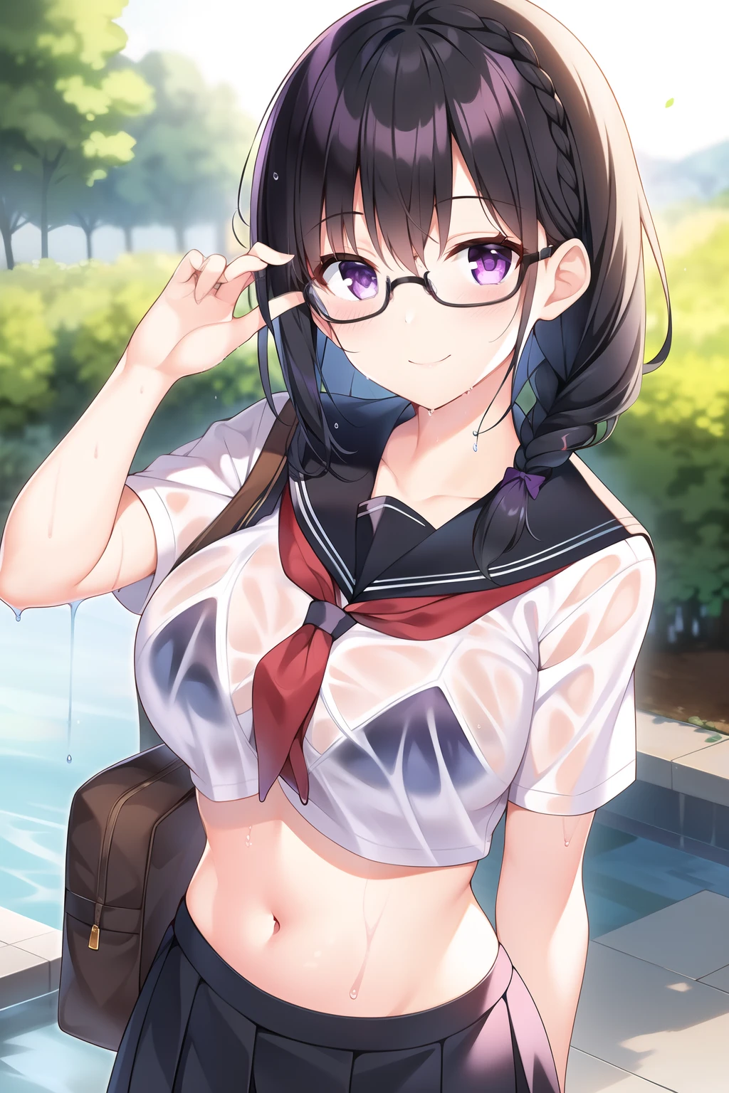 (1girl), (black hair:1.1), (braid:1.1), (glasses), (purple eyes), (smile), (breast), (Intricate Iris Details), (stomach), (outdoor), (looking at viewer), (visible through clothes), (Wet clothes), (bra), (School uniform)