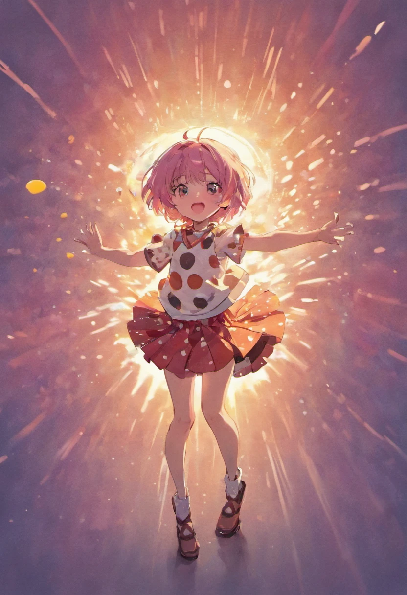 Anime-style illustration of a playfully lifting her skirt, revealing her polka dot panties. The illustration features a bright and colorful palette with soft brush strokes and a hint of light and shadow to add depth. The perspective is from a low angle, emphasizing the girl's innocent and playful nature. The focal length is medium to capture the details of her outfit and facial expression. The artist's signature style is a mix of traditional anime and modern digital art techniques. The final image is rendered in high resolution with crisp details, making it perfect for printing or digital use.