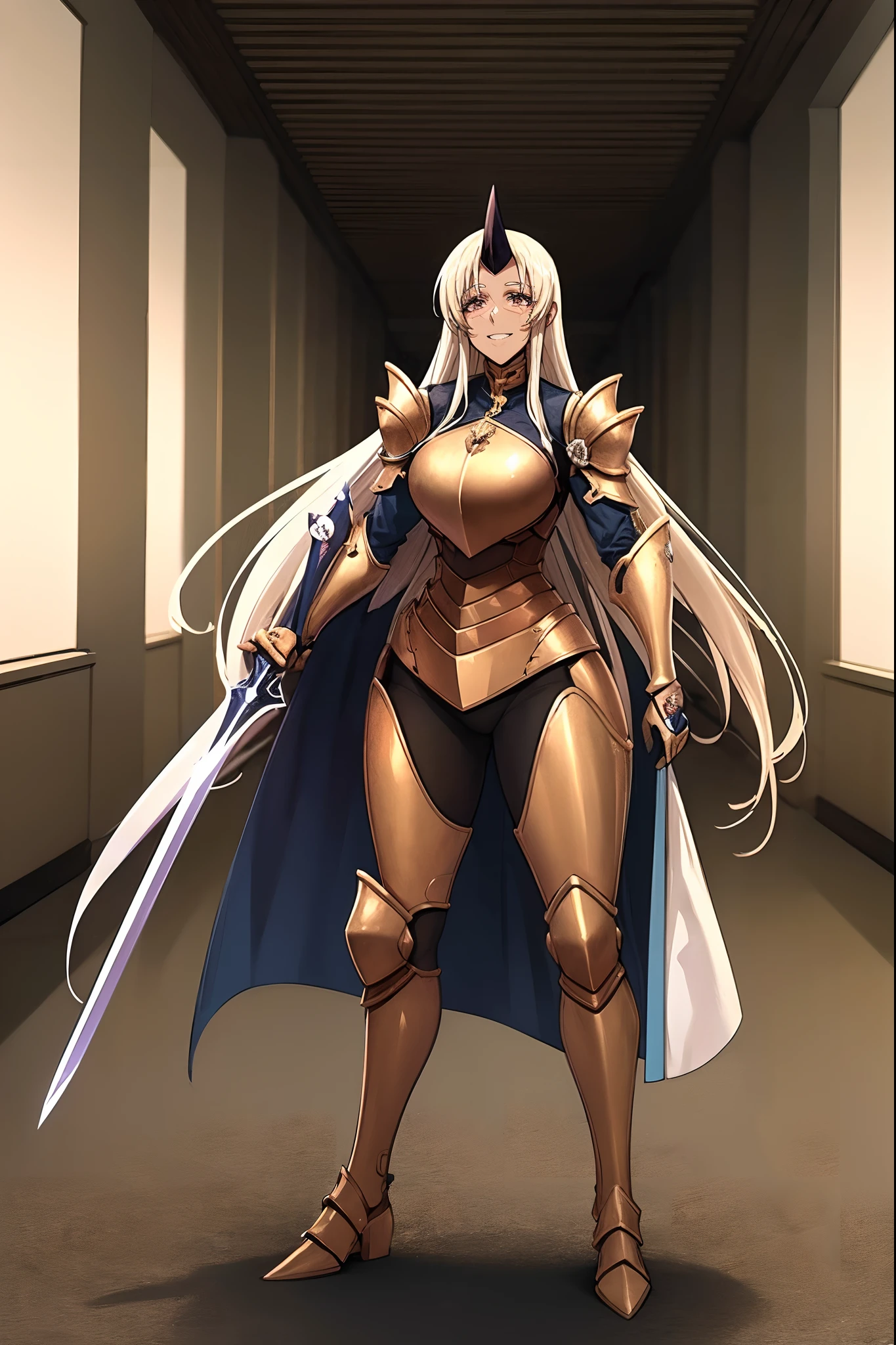 (best quality,4k,8k,highres,masterpiece:1.2),ultra-detailed,(1.37),single horn,very long hair,tall female,red eyes,dark skinned female,standing,armor,boots,sword holding,joyful,big smile,full armor,illustration,portrait,rich colors,warm tones,soft lighting ,full body, standing ,ruins background