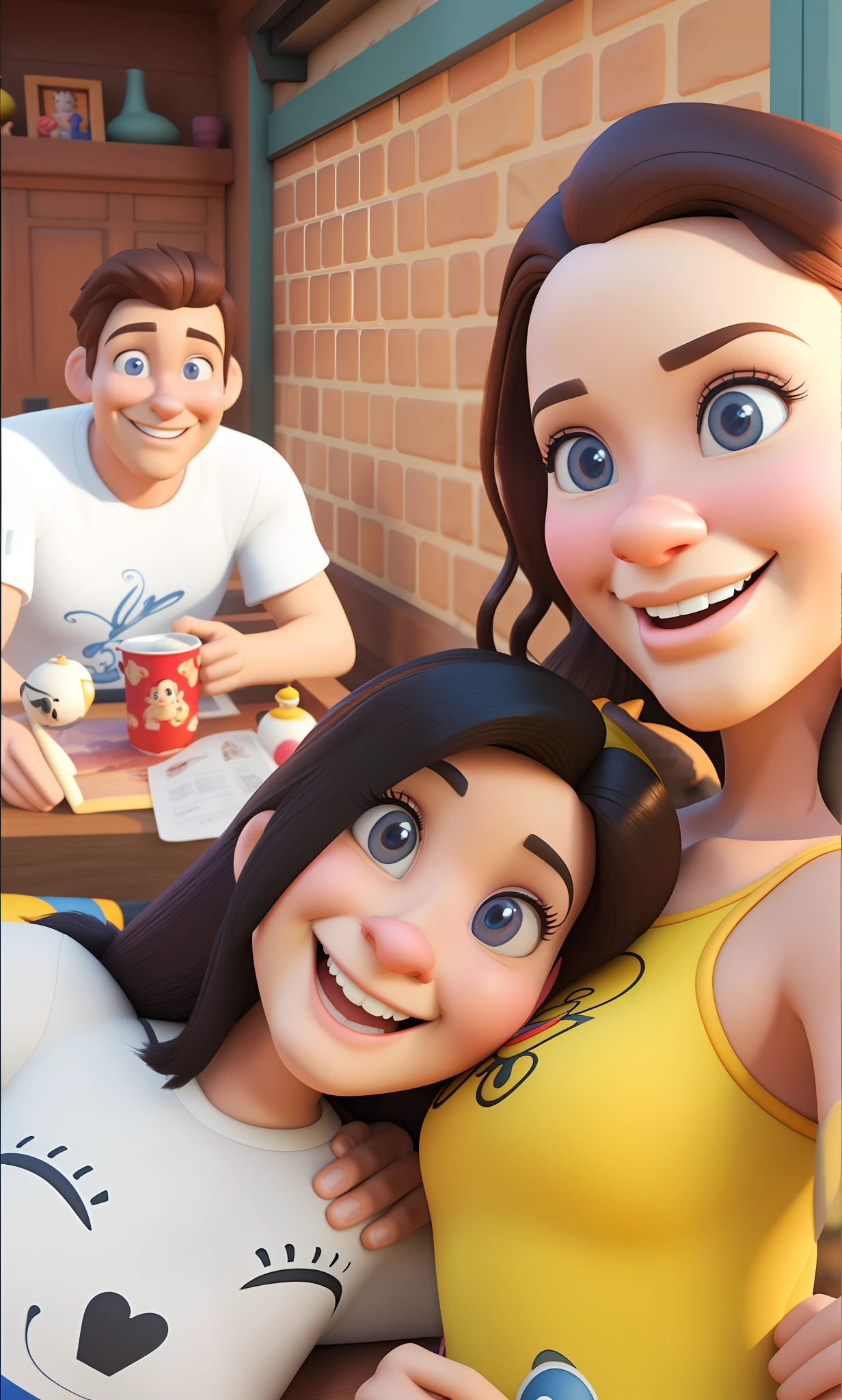 Cartoon characters of a woman and a man are posing for a photo, Disney fotorrealista, 3 d desenho animado, animado ainda, disney render, estilo de arte fotorrealista, animated film, promotional render, realista estilo 3d, arte dos desenhos animados, com rostos totalmente detalhados, desenhos animados realistas, rostos sorridentes realistas detalhados, Modelo 3D Pixar Render, animation film, animation movie still