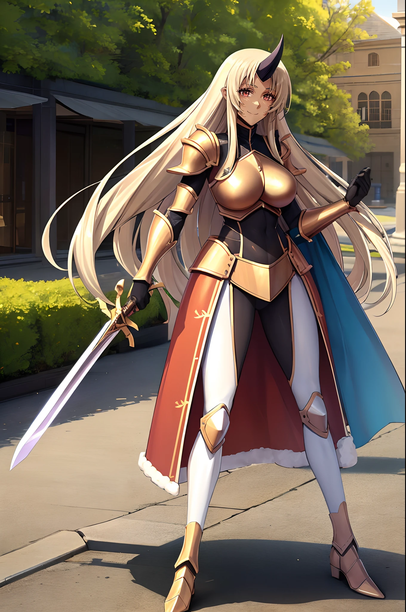 (best quality,4k,8k,highres,masterpiece:1.2),ultra-detailed,(1.37),single horn,very long hair,tall female,red eyes,dark skinned female,standing,armor,boots,sword holding,joyful,big smile,full armor,illustration,portrait,rich colors,warm tones,soft lighting ,full body, standing , forest ruins background