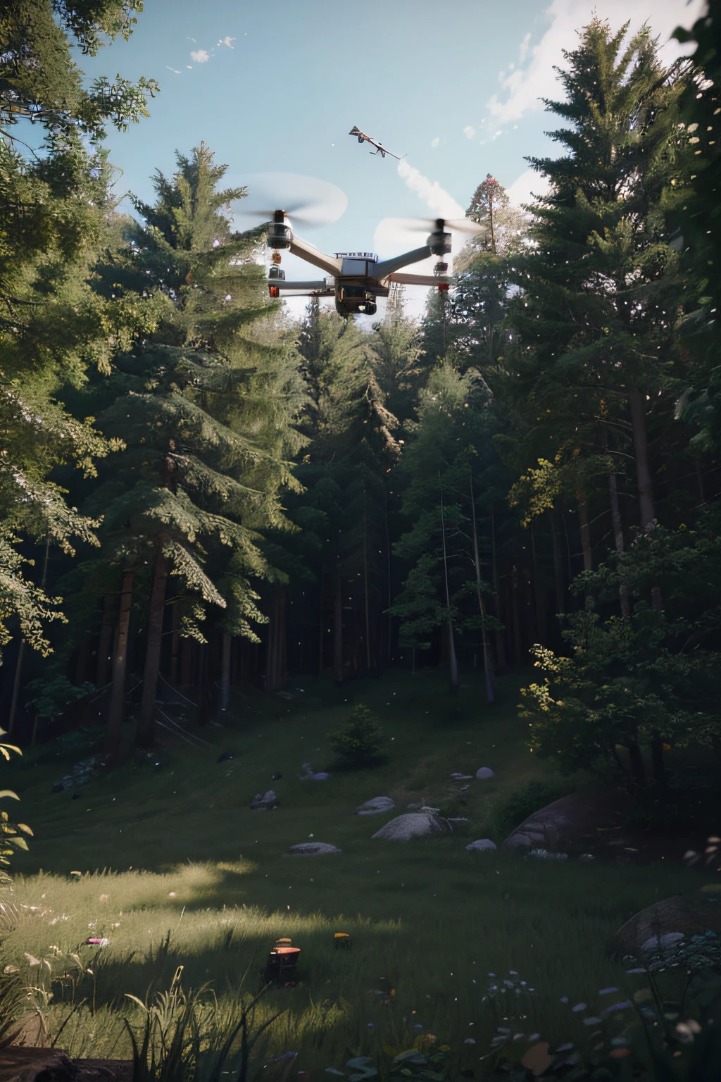 The sight of a small white drone flying through the forest, drone point of view, hovering drone, drone wide shot, drone point of view, UAVs, drone photography, drone photography, looming drone, Air drones, drone camera angle, drone footage, Fly drones, 4k drone photography, drone view, Hovering in the air, UAVs,cryengine render 8 k uhd, made in unreal engine, illusory engine. cinematic Film still from
